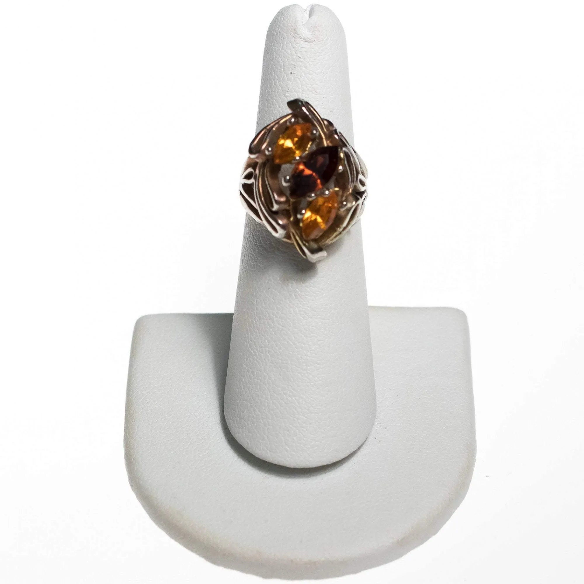 Vintage Brutalist Modern Style Sterling Silver Citrine and Smokey Topaz Statement Ring