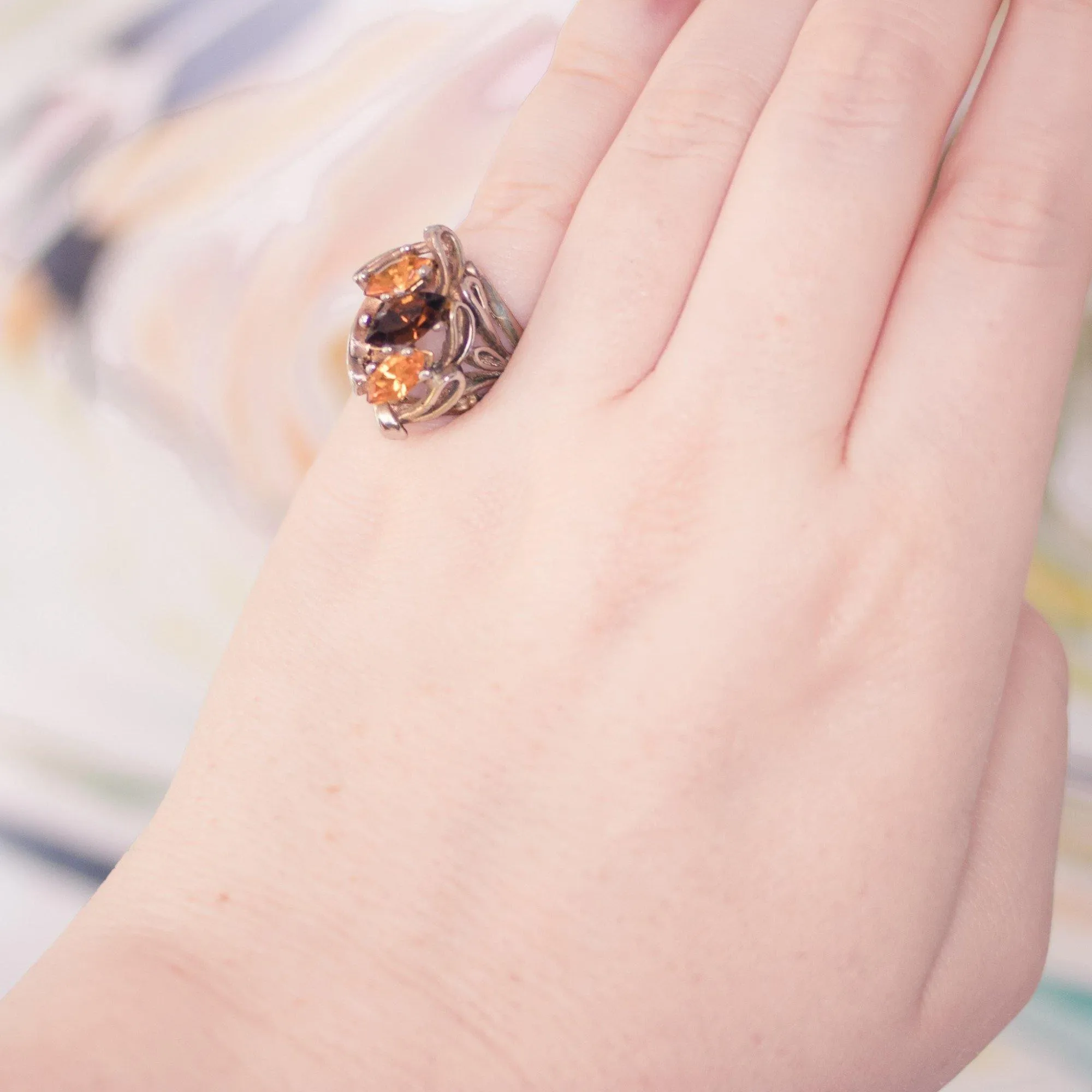 Vintage Brutalist Modern Style Sterling Silver Citrine and Smokey Topaz Statement Ring