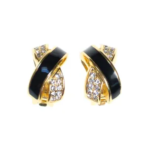 Vintage Christian Dior Statement Earrings Black Enamel with Sparkling Diamante Crystals &quot;X&quot; Style Design