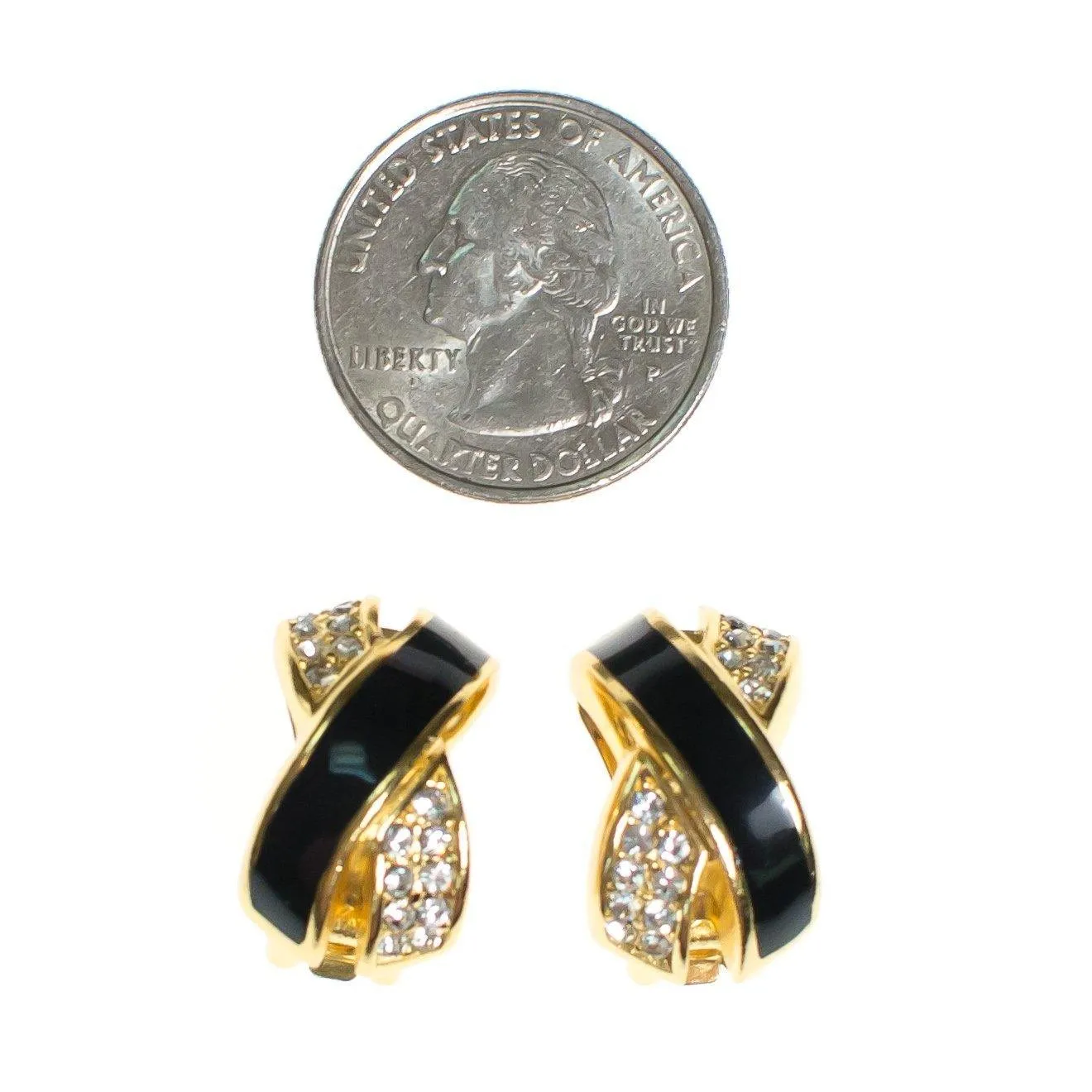 Vintage Christian Dior Statement Earrings Black Enamel with Sparkling Diamante Crystals &quot;X&quot; Style Design