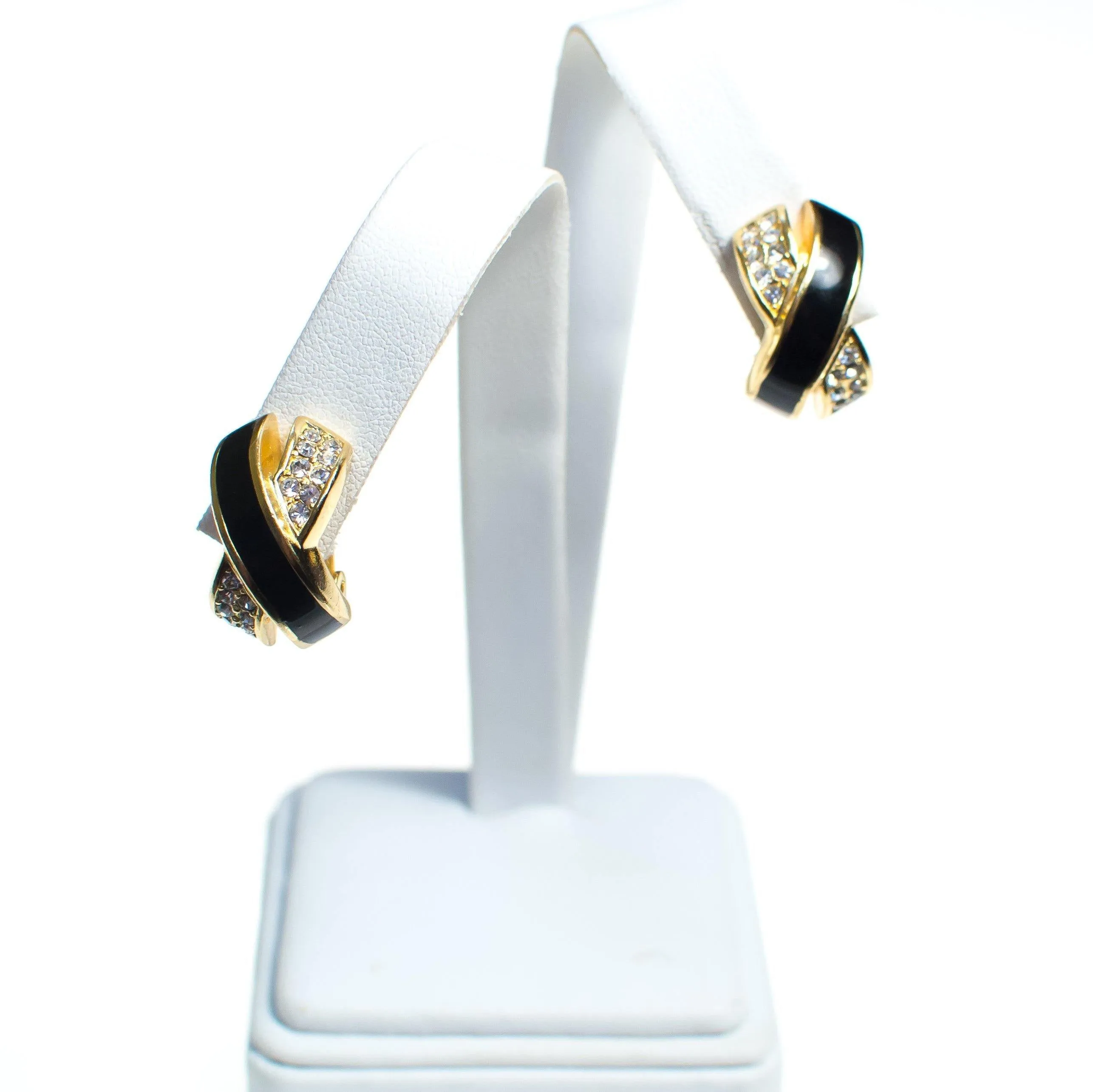 Vintage Christian Dior Statement Earrings Black Enamel with Sparkling Diamante Crystals &quot;X&quot; Style Design