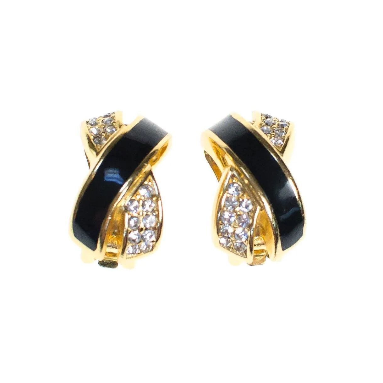 Vintage Christian Dior Statement Earrings Black Enamel with Sparkling Diamante Crystals &quot;X&quot; Style Design