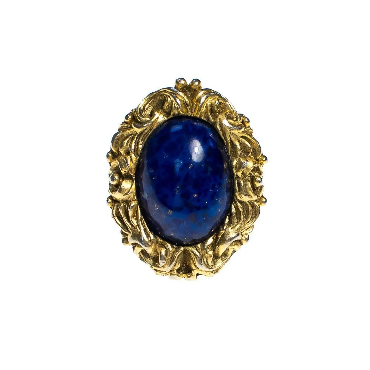 Vintage Chunky Gold Lapis Glass and Gold Locket Statement Ring