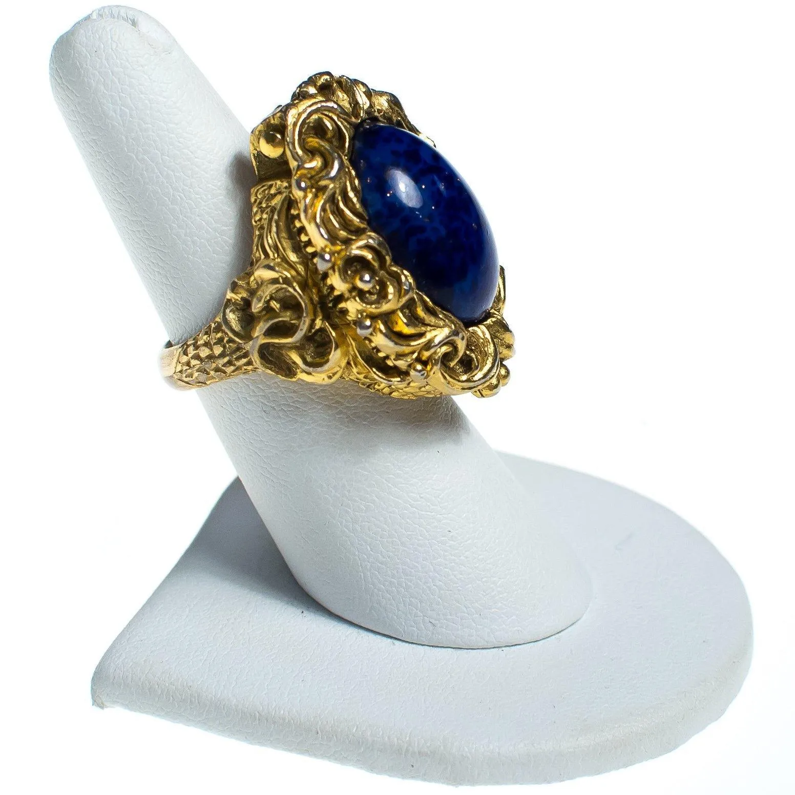 Vintage Chunky Gold Lapis Glass and Gold Locket Statement Ring