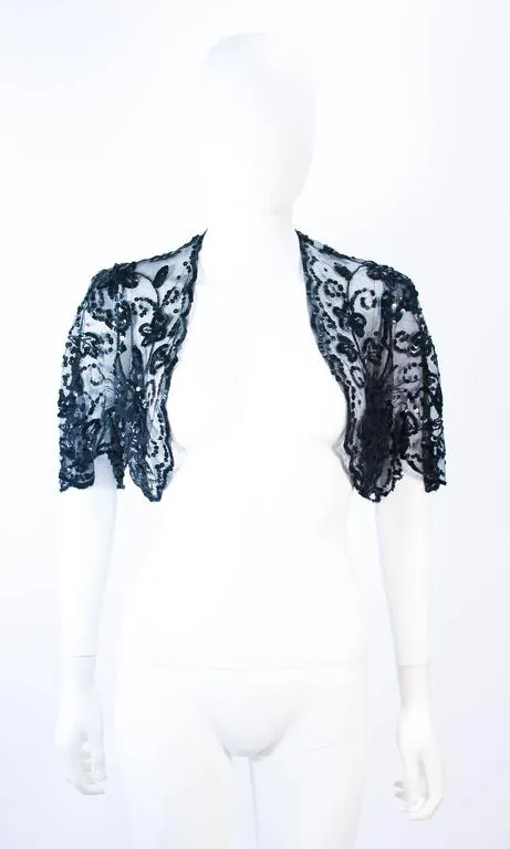 VINTAGE Circa 1930s Black Sequin Tulle Bolero Size 4