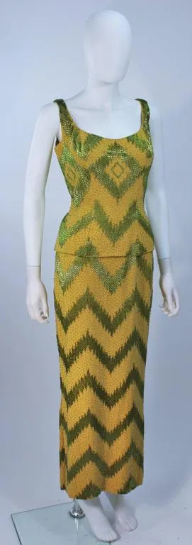 VINTAGE Circa 1950s Green 2 pc Beaded Gown Size 4