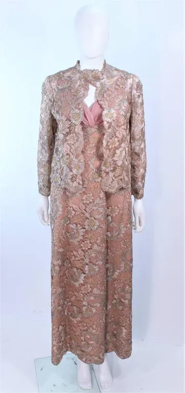VINTAGE Circa 1950s Peach Lace Gown and Coat Size 8-10