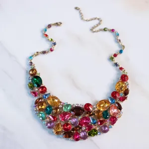 Vintage Colorful Rhinestone Bib Statement Necklace