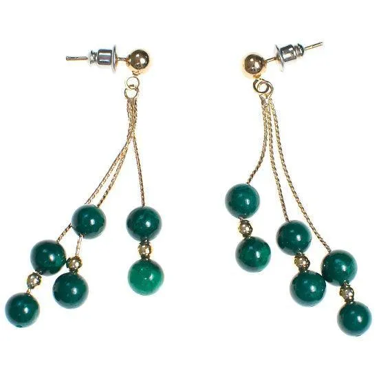 Vintage Genuinie Malichite Beaded Tassel Drop Statement Earrings