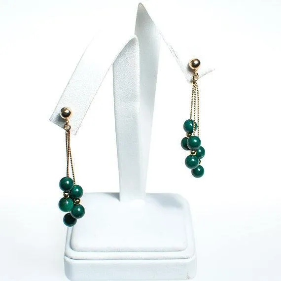 Vintage Genuinie Malichite Beaded Tassel Drop Statement Earrings