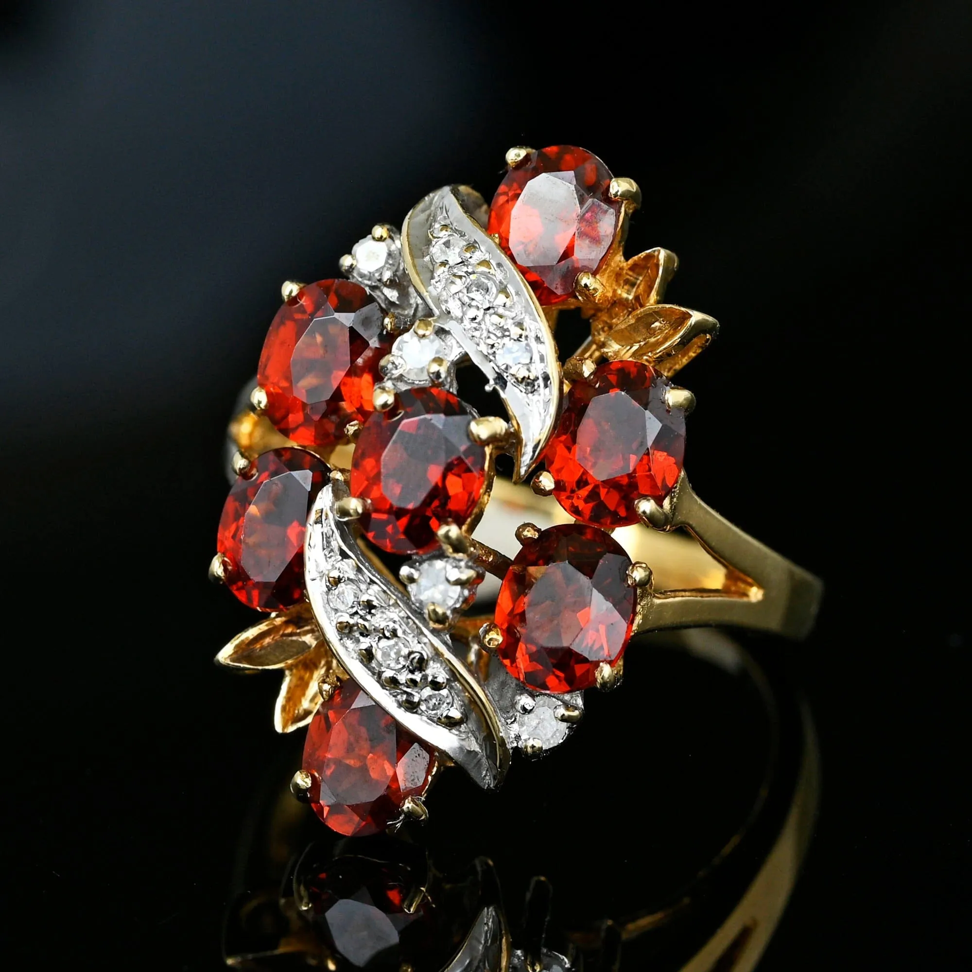 Vintage Gold Diamond Garnet Cluster Cocktail Ring