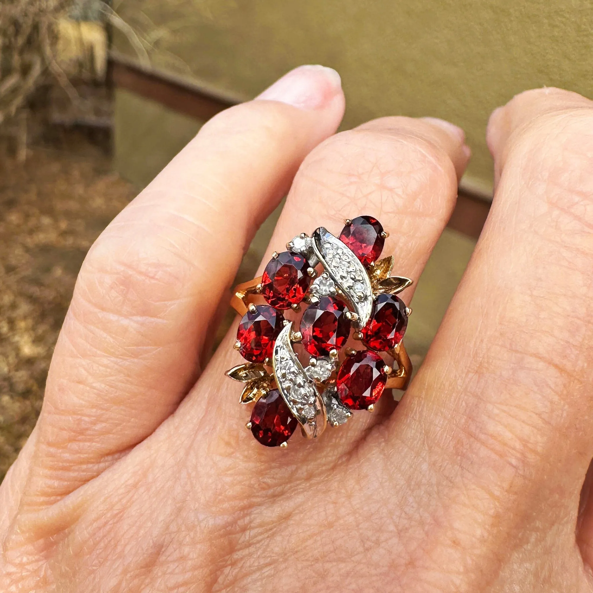 Vintage Gold Diamond Garnet Cluster Cocktail Ring