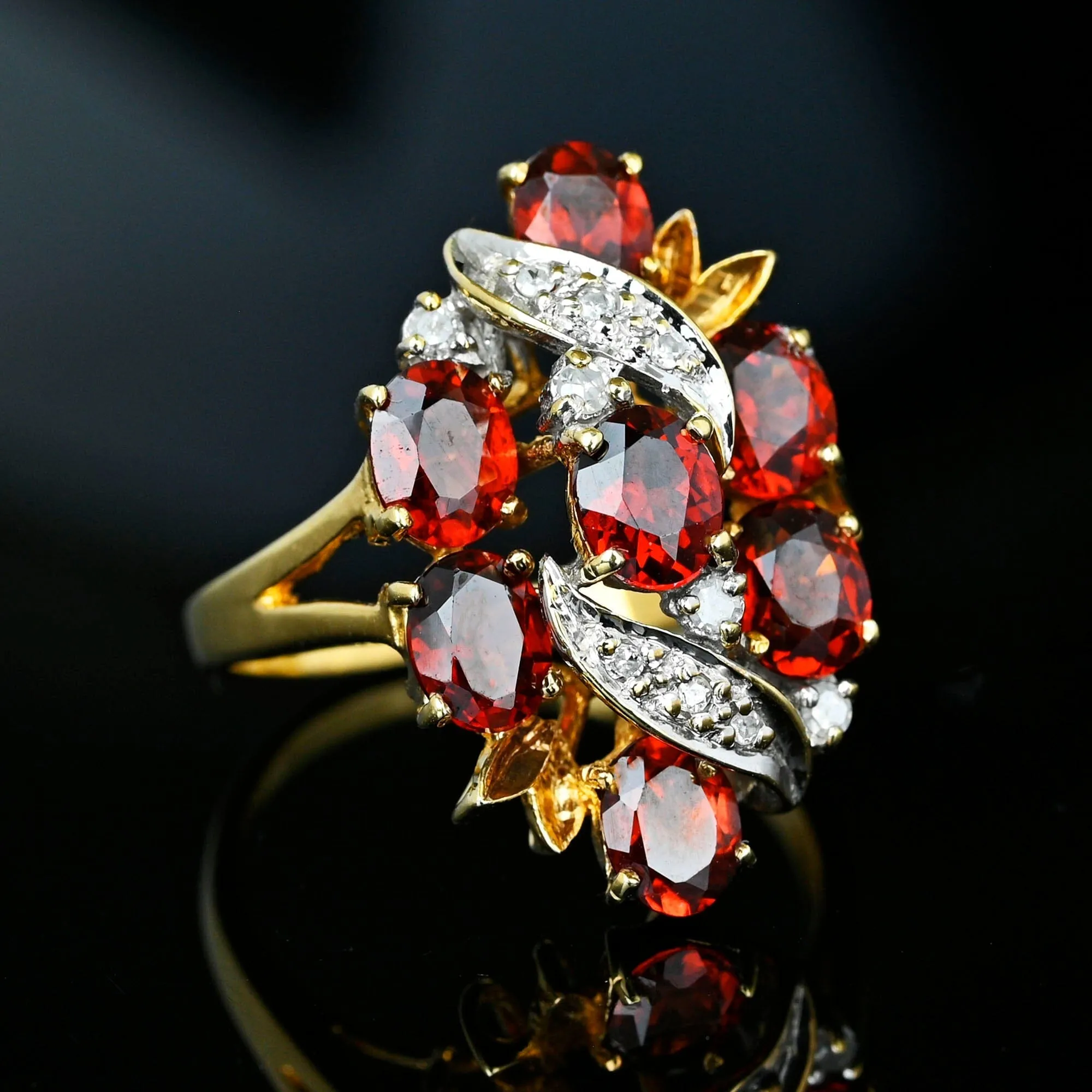 Vintage Gold Diamond Garnet Cluster Cocktail Ring