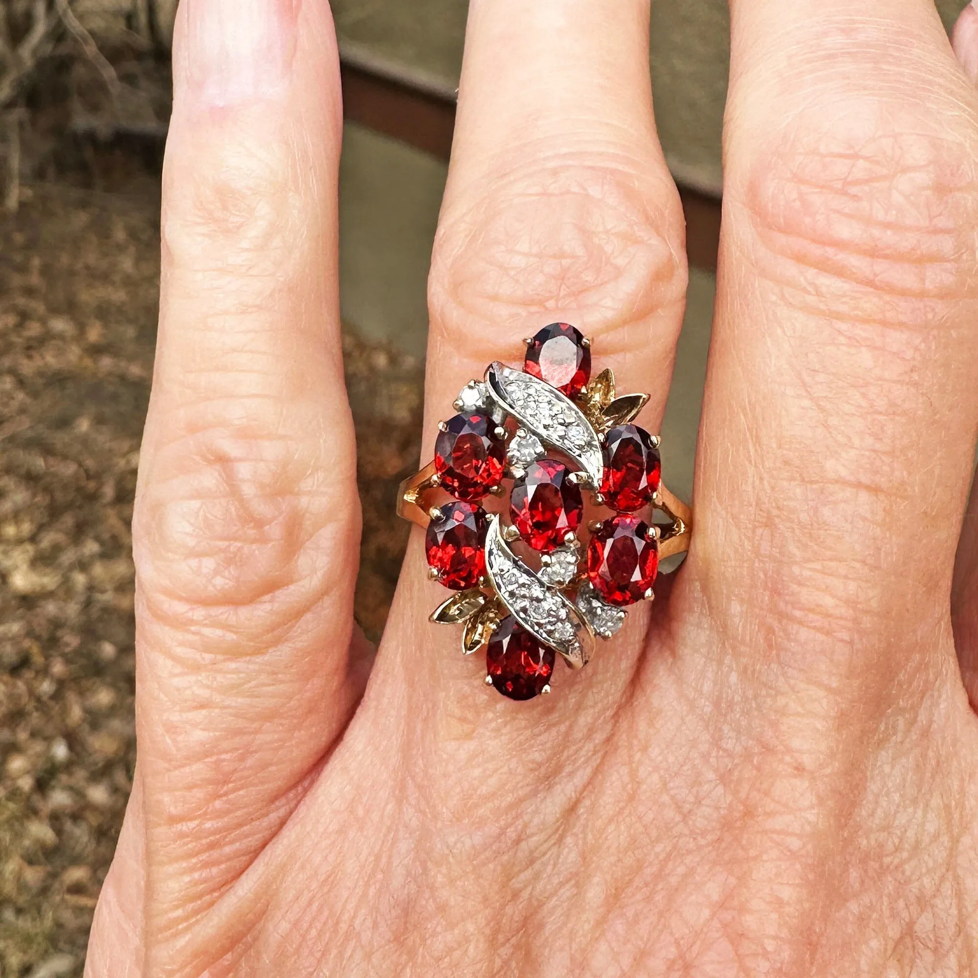 Vintage Gold Diamond Garnet Cluster Cocktail Ring