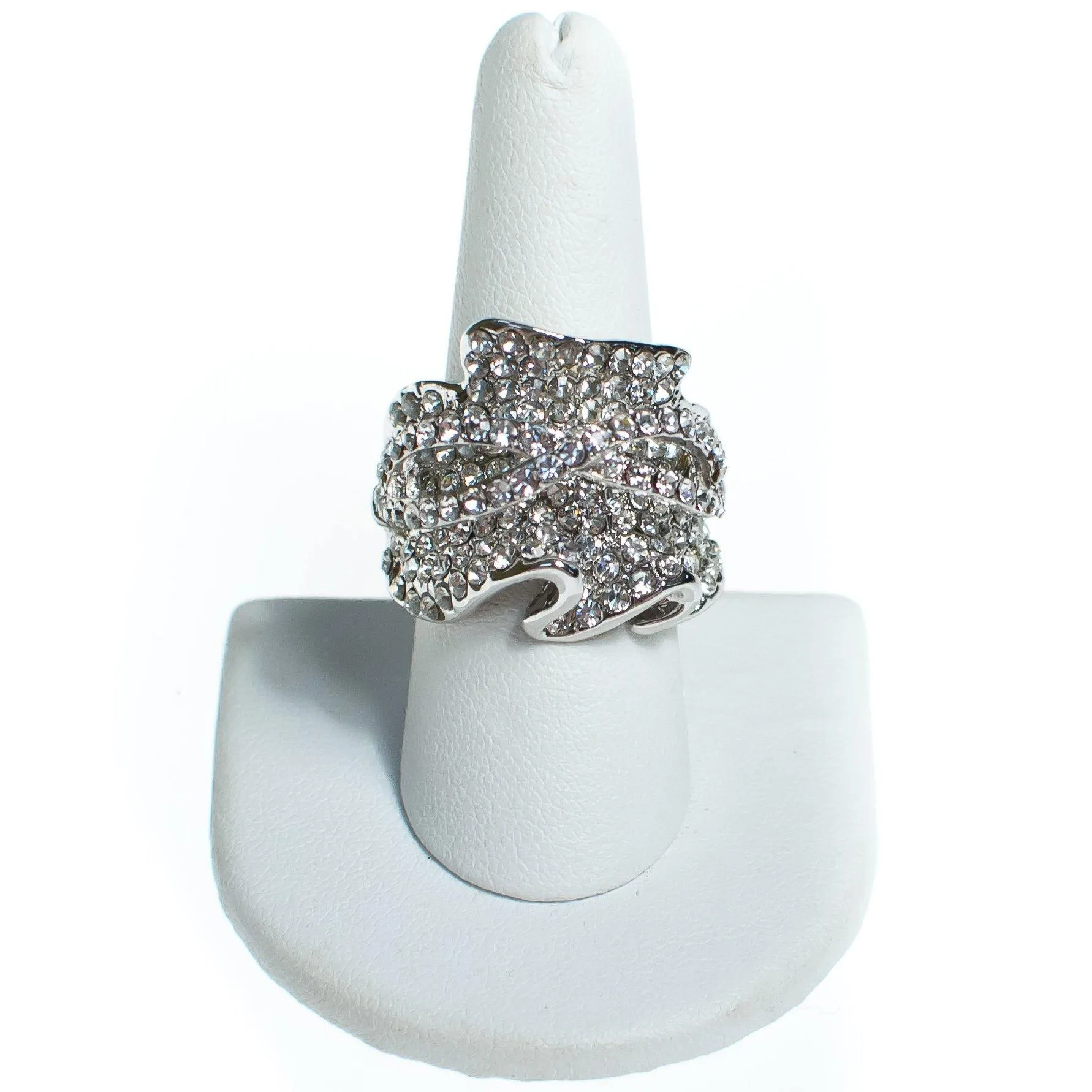 Vintage Huge Chunky Pave CZ Wave Statement Ring in Silver Tone
