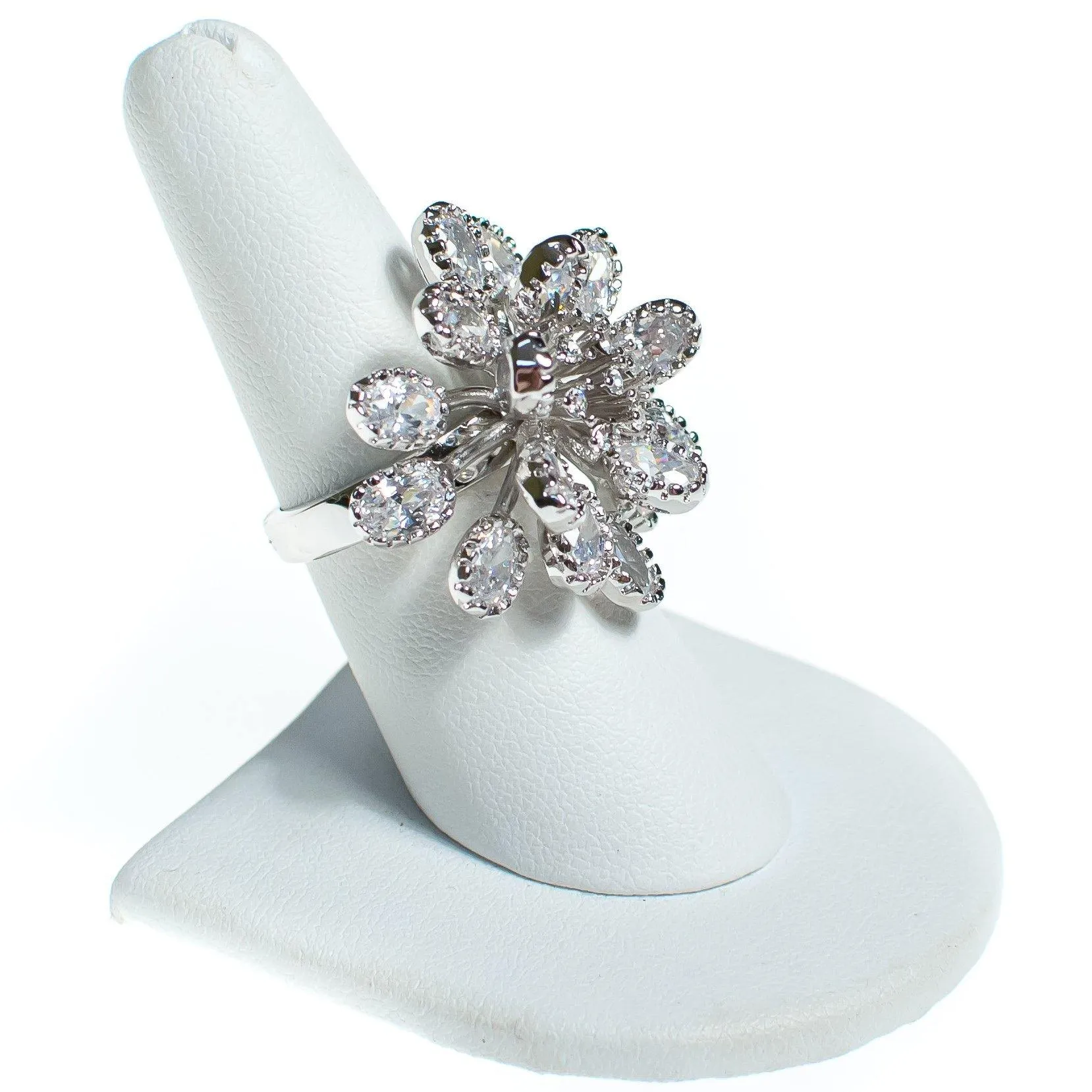 Vintage Huge Diamante Flower Statement Ring, Diamante Crystals, Silver Tone Setting, Ring Size 6.5