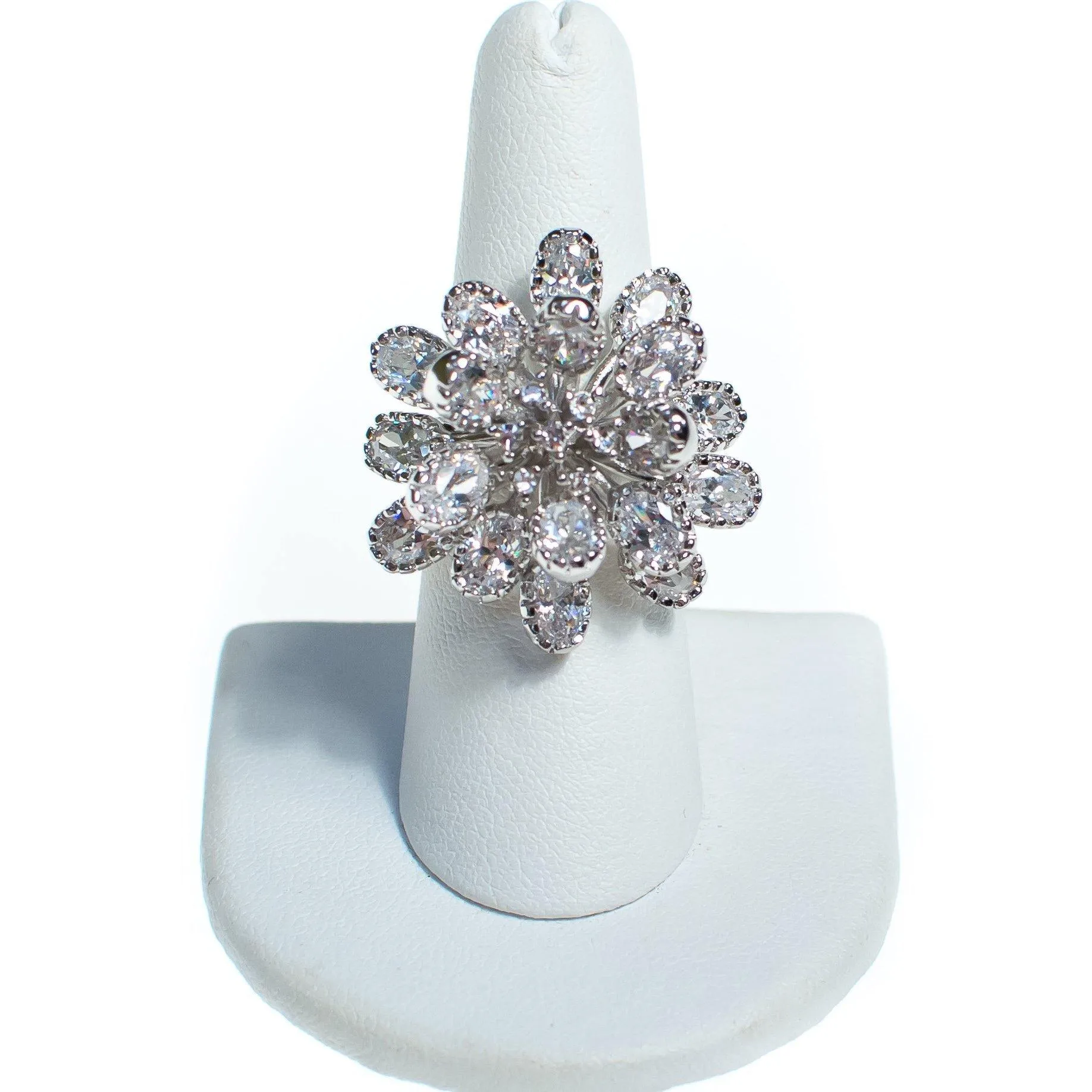 Vintage Huge Diamante Flower Statement Ring, Diamante Crystals, Silver Tone Setting, Ring Size 6.5