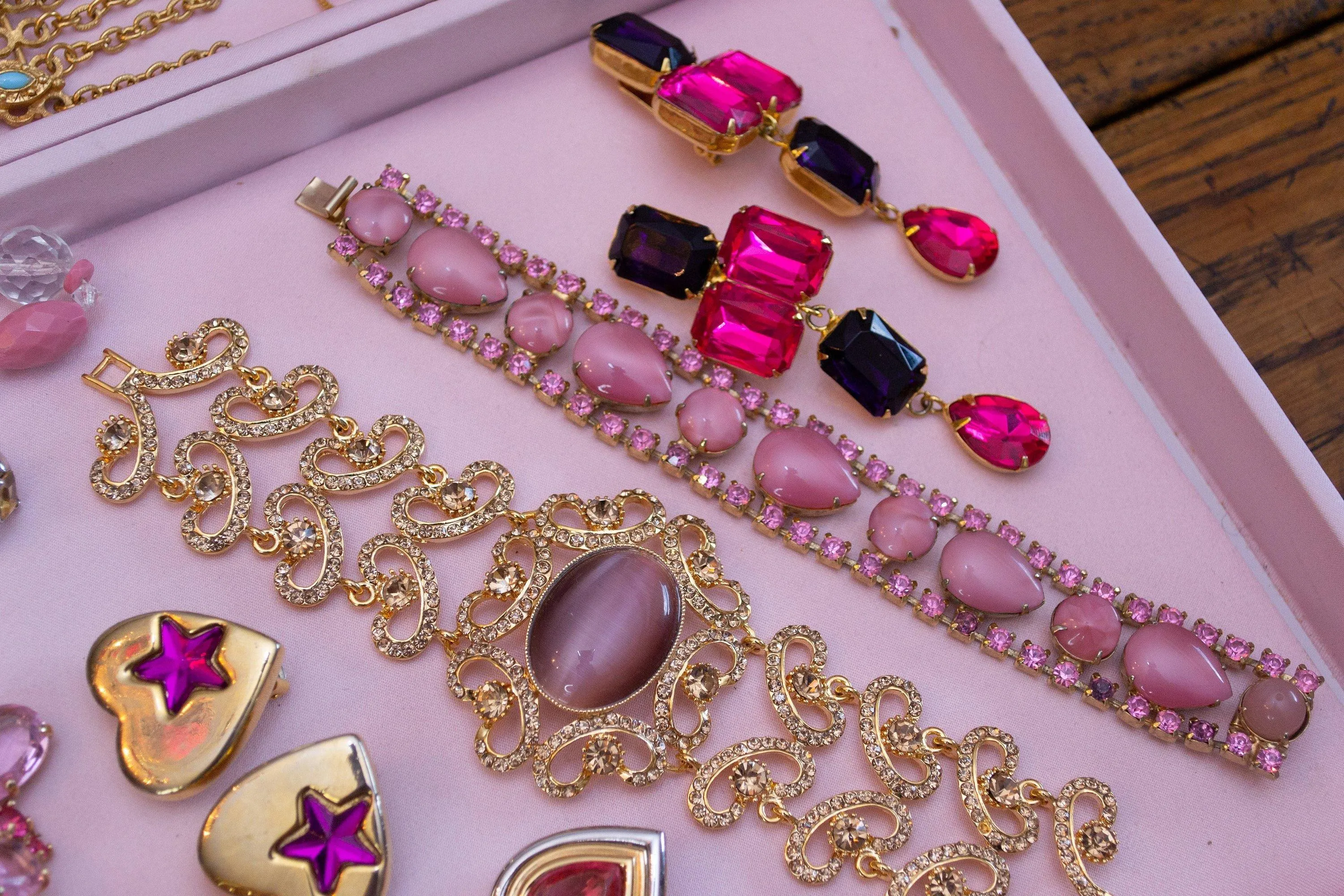 Vintage Les Bernard Pink and Purple Rhinestone Statement Earrings, Clip On, 1980s Runway Style