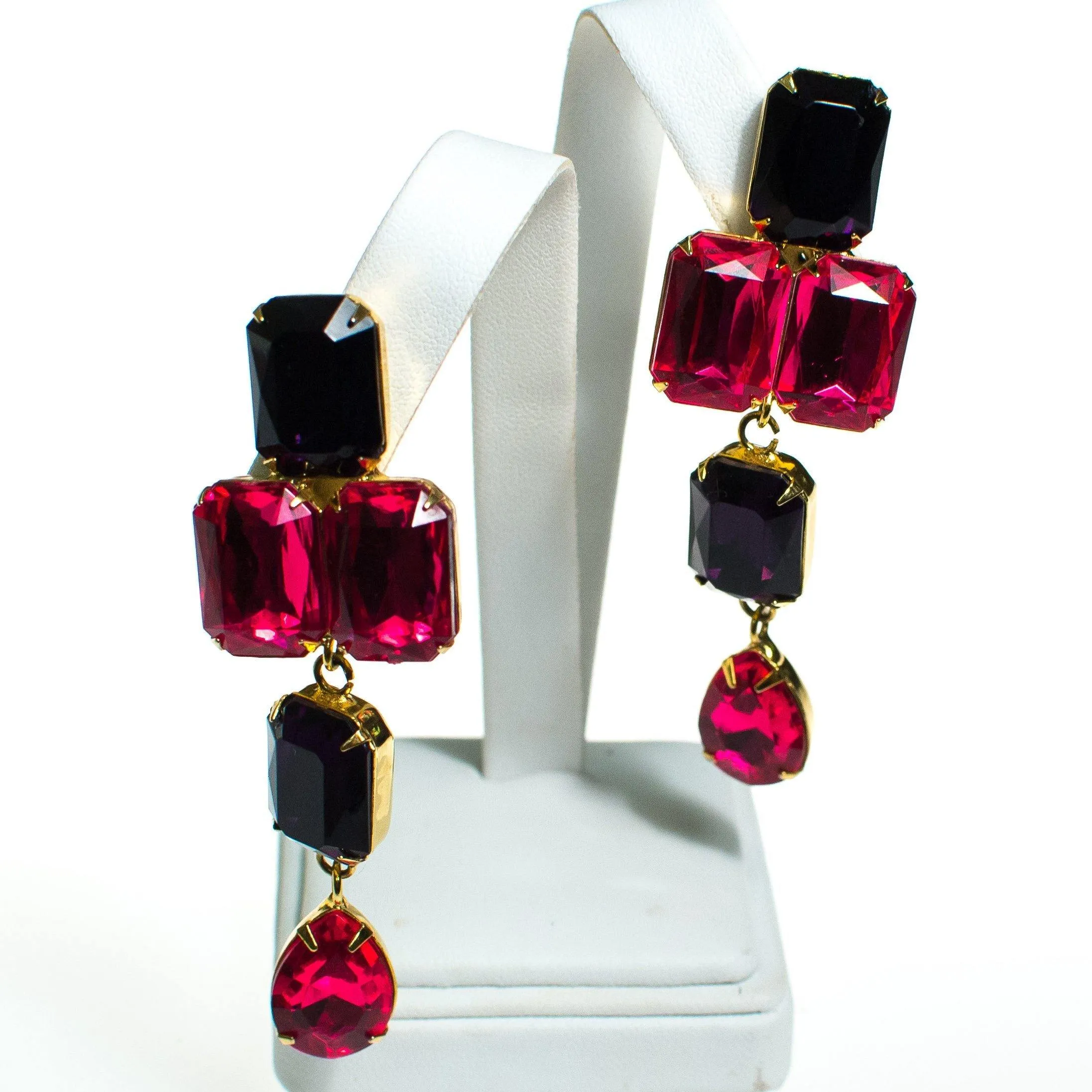 Vintage Les Bernard Pink and Purple Rhinestone Statement Earrings, Clip On, 1980s Runway Style
