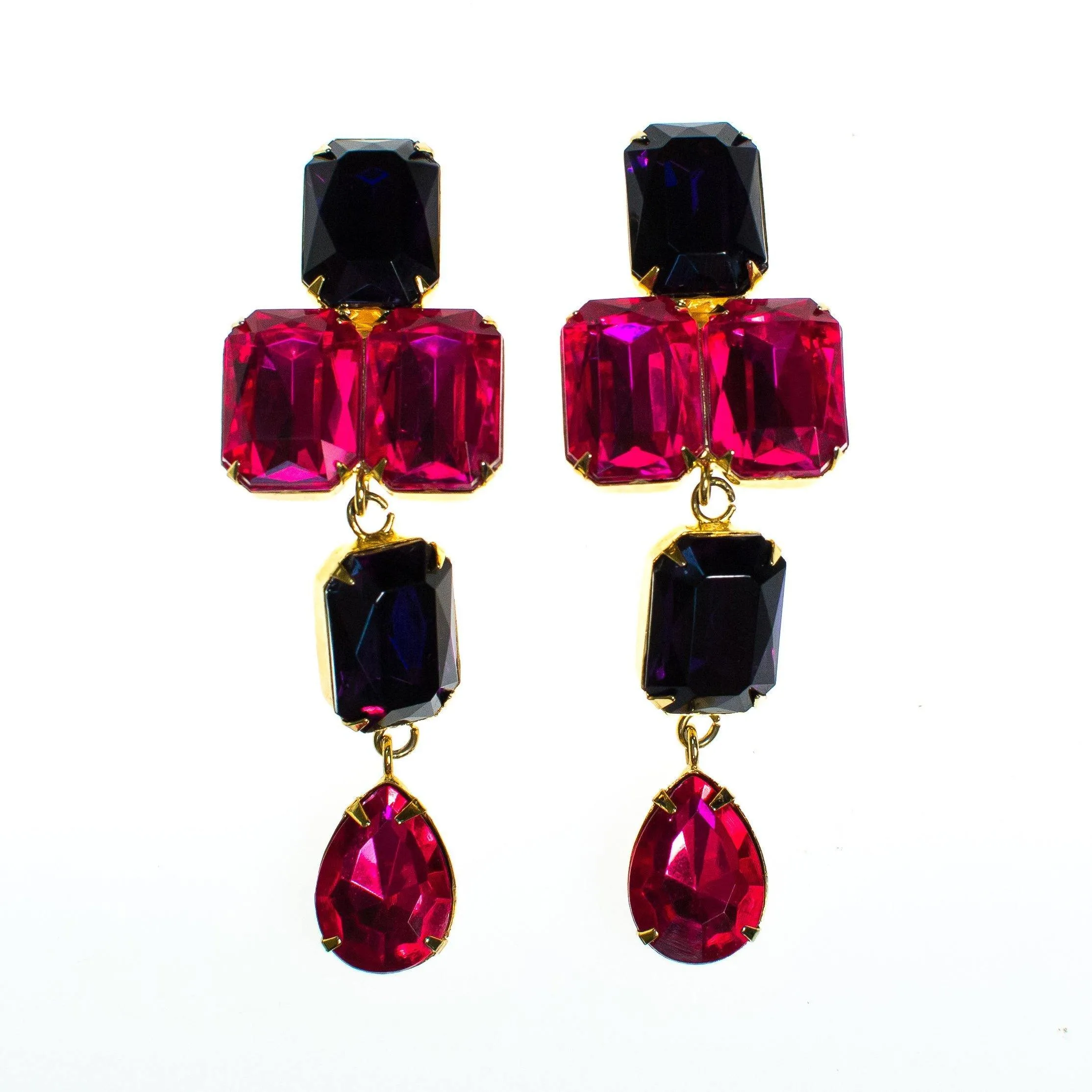 Vintage Les Bernard Pink and Purple Rhinestone Statement Earrings, Clip On, 1980s Runway Style