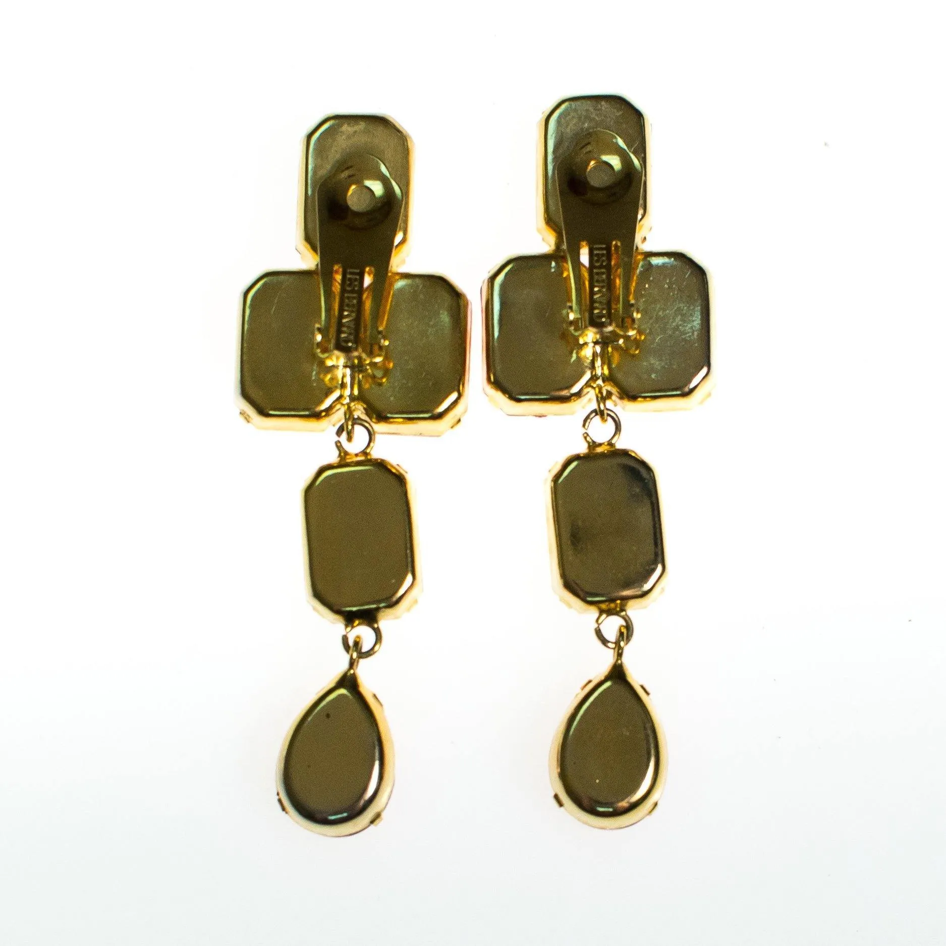 Vintage Les Bernard Pink and Purple Rhinestone Statement Earrings, Clip On, 1980s Runway Style