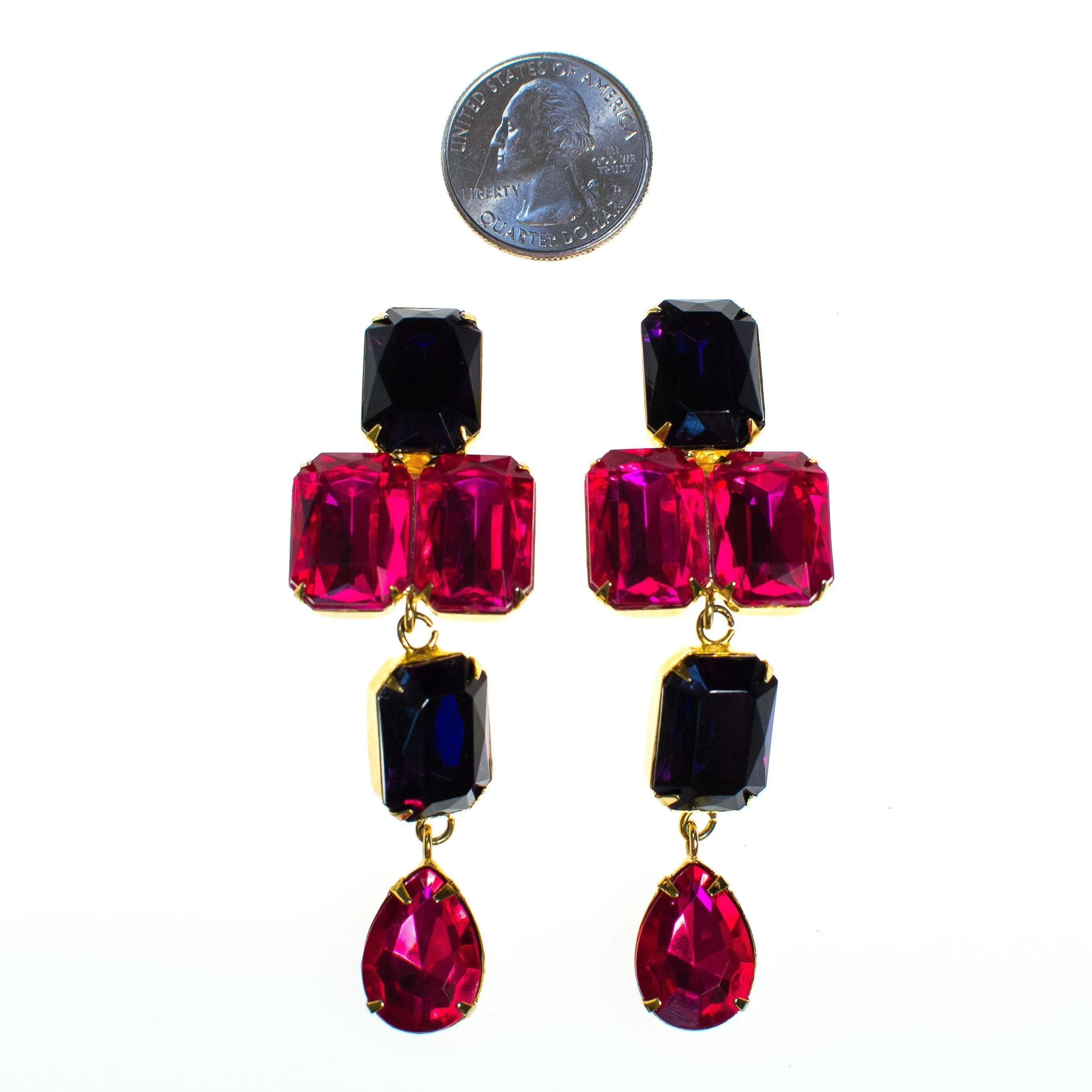 Vintage Les Bernard Pink and Purple Rhinestone Statement Earrings, Clip On, 1980s Runway Style