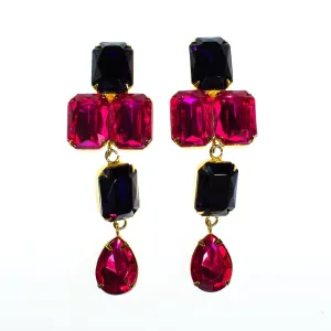 Vintage Les Bernard Pink and Purple Rhinestone Statement Earrings, Clip On, 1980s Runway Style