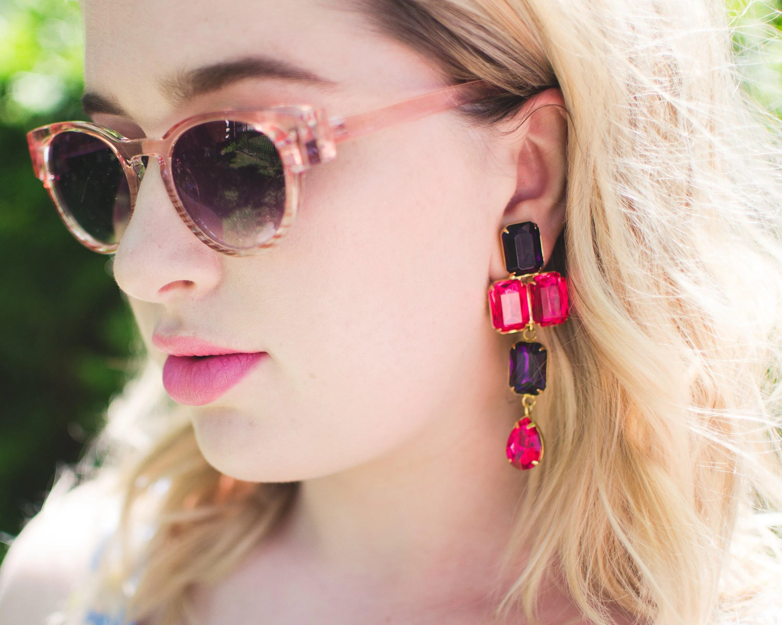 Vintage Les Bernard Pink and Purple Rhinestone Statement Earrings, Clip On, 1980s Runway Style