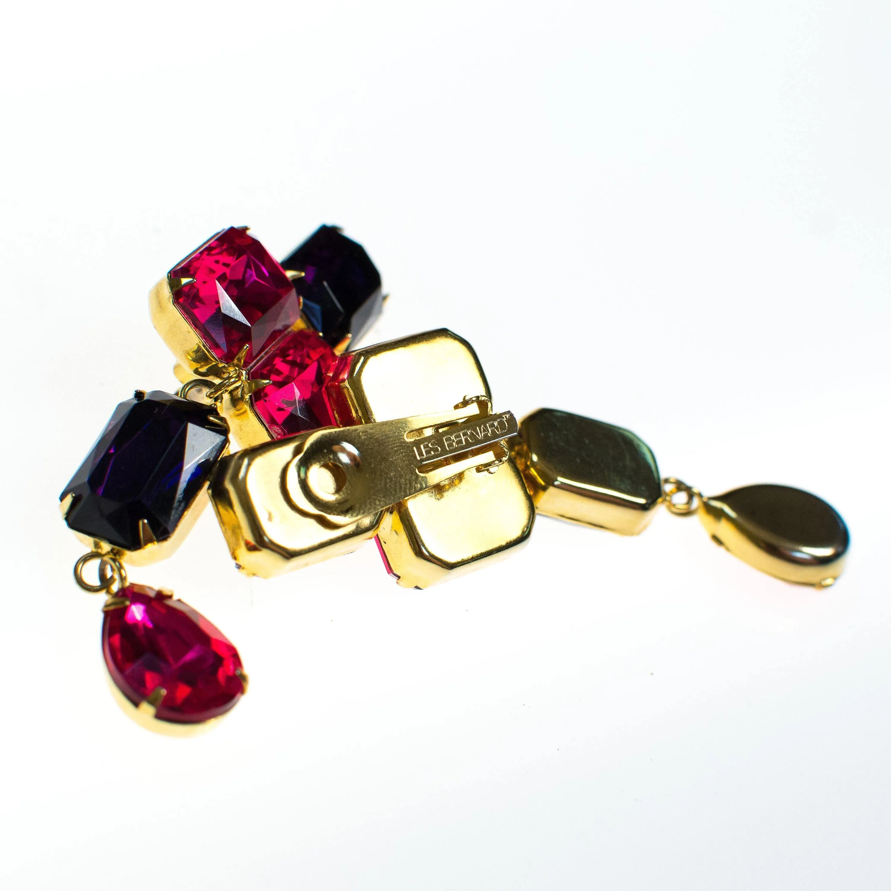 Vintage Les Bernard Pink and Purple Rhinestone Statement Earrings, Clip On, 1980s Runway Style