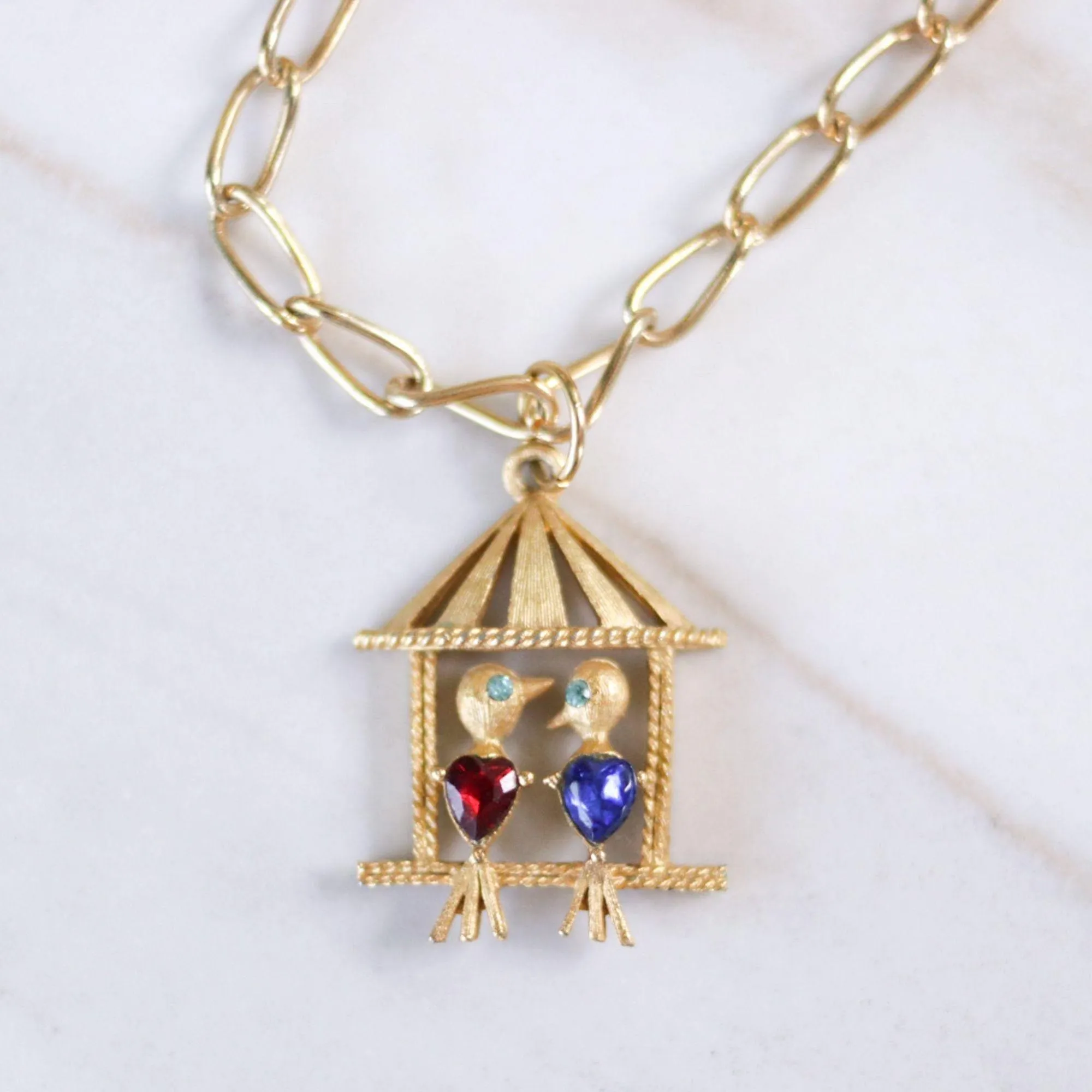 Vintage Little Lovebirds in a Birdhouse Pendant Statement Necklace