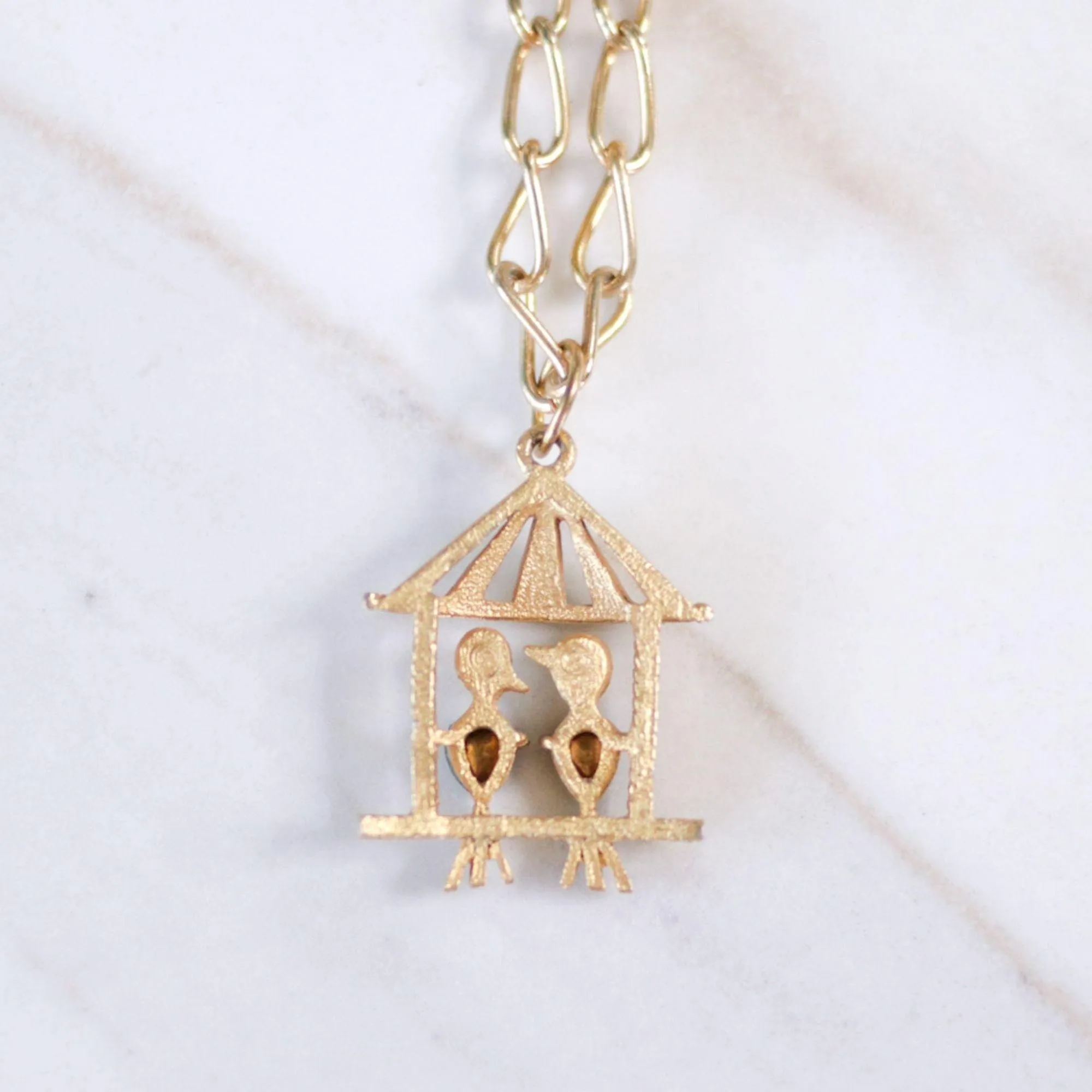 Vintage Little Lovebirds in a Birdhouse Pendant Statement Necklace
