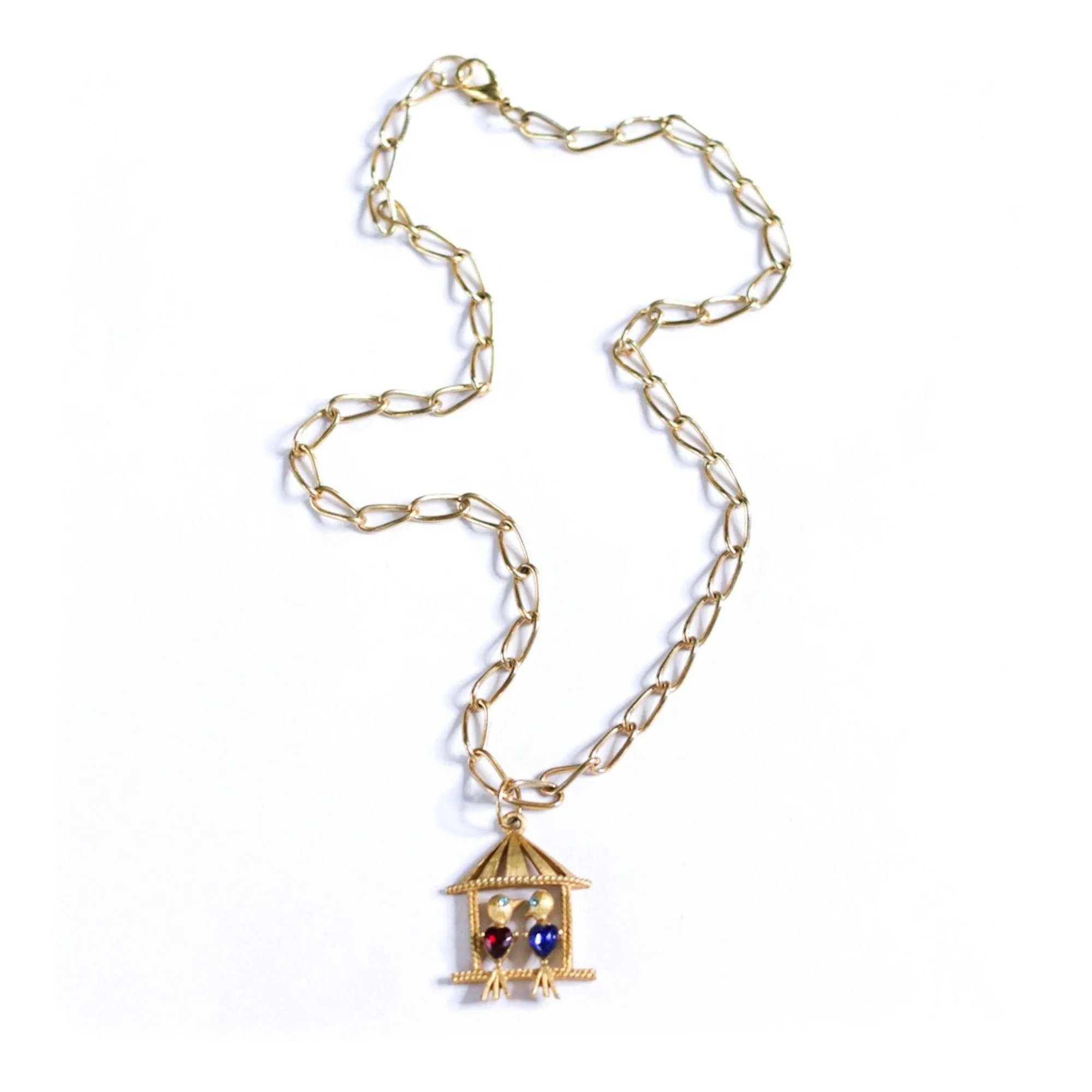 Vintage Little Lovebirds in a Birdhouse Pendant Statement Necklace