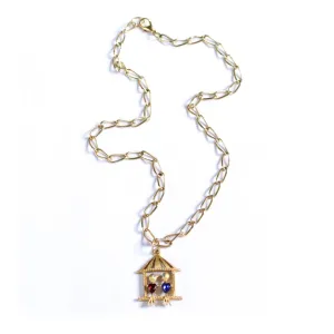 Vintage Little Lovebirds in a Birdhouse Pendant Statement Necklace