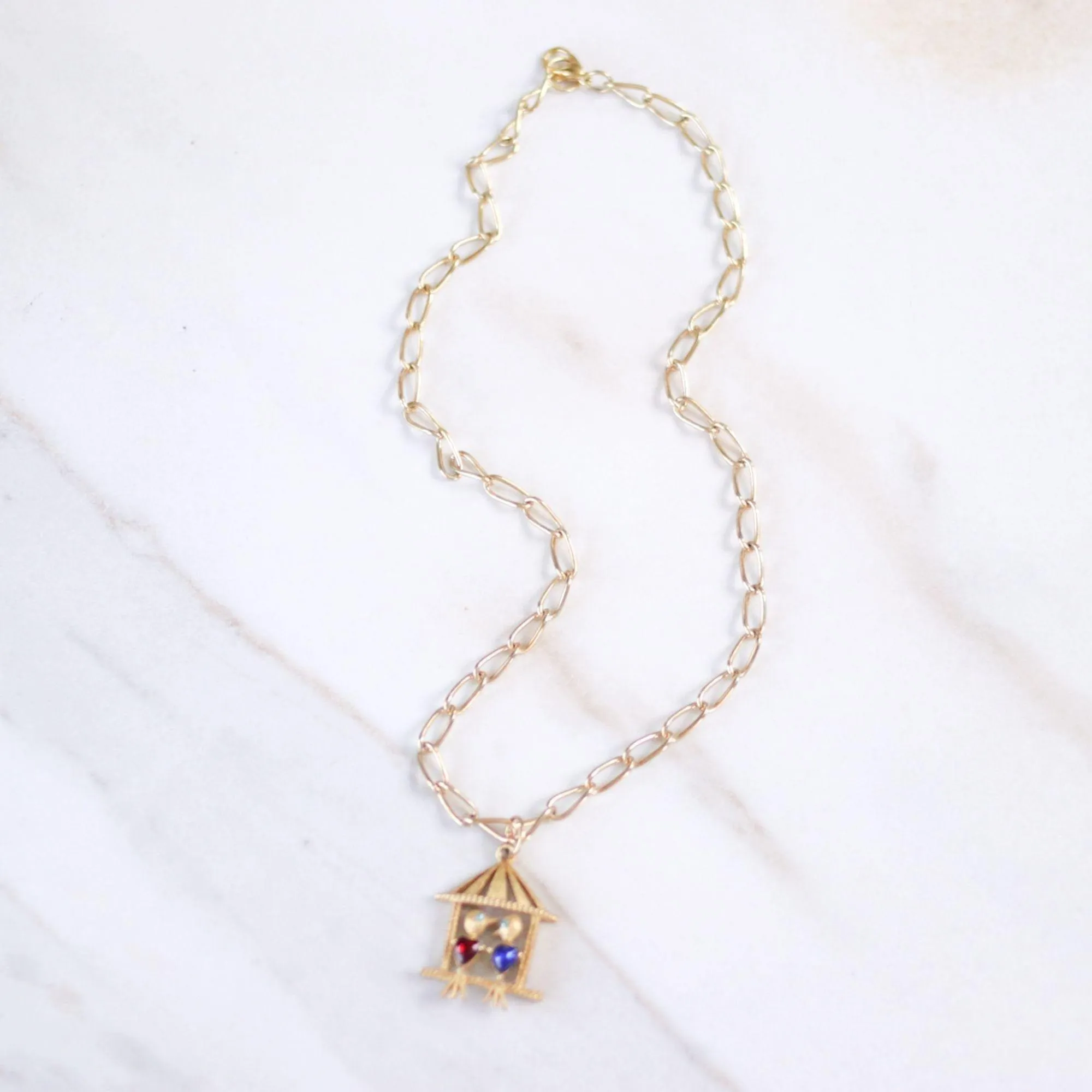 Vintage Little Lovebirds in a Birdhouse Pendant Statement Necklace
