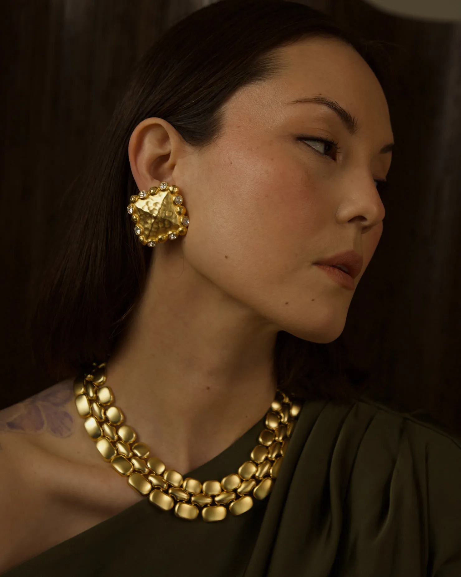 Vintage Matte Gold Square & Rhinestone Clip Ons