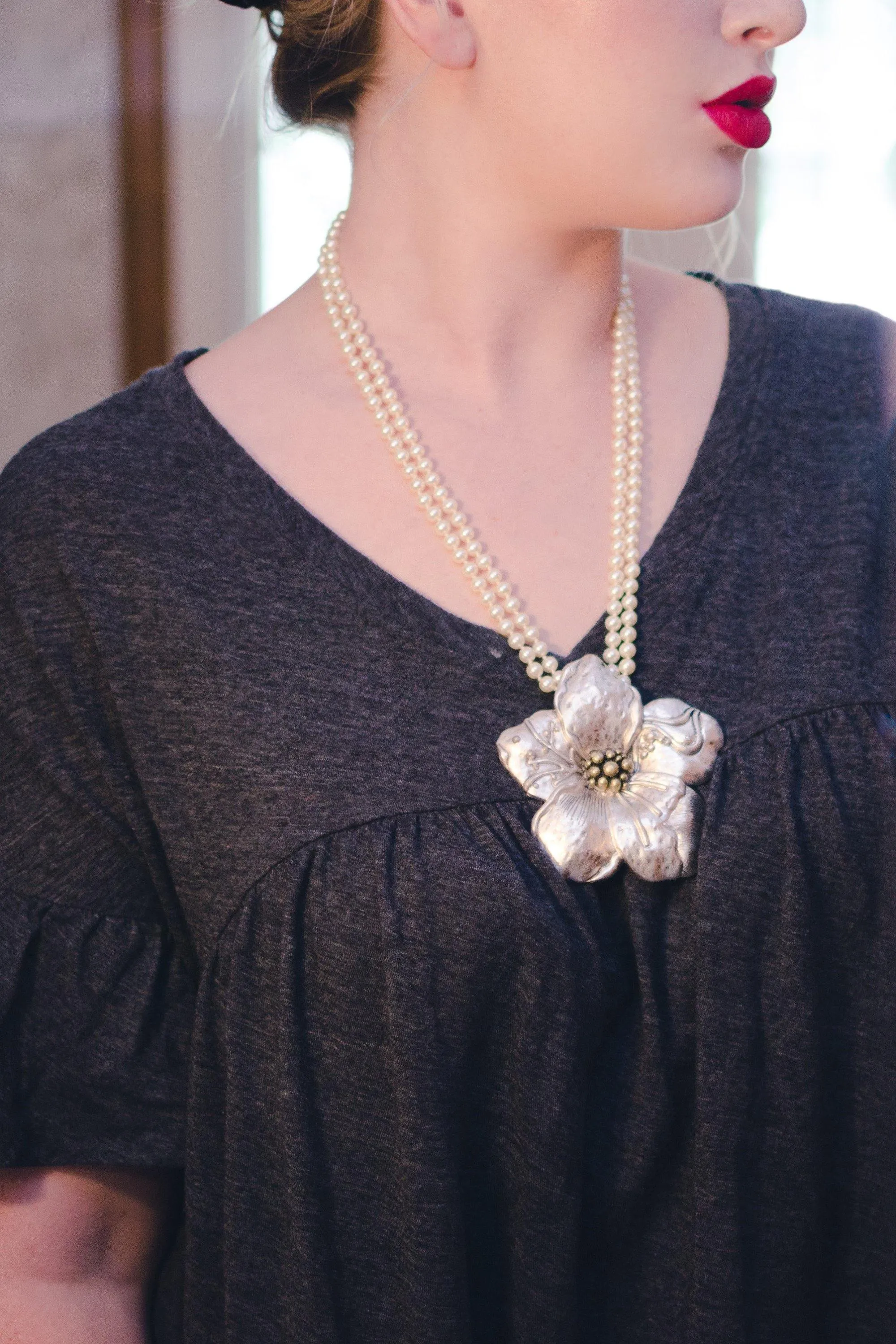 Vintage Modernist Silver Flower Blossom Statement Pendant