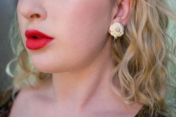 Vintage Nolan Miller Camelia Earrings With Diamante Crystals, Clip On