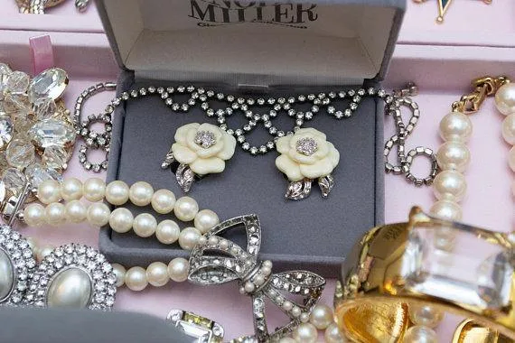 Vintage Nolan Miller Camelia Earrings With Diamante Crystals, Clip On