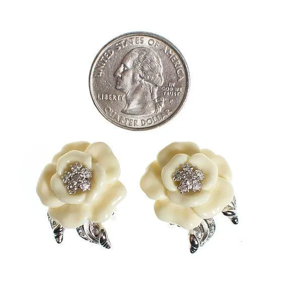 Vintage Nolan Miller Camelia Earrings With Diamante Crystals, Clip On