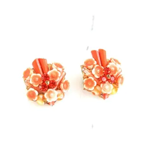 Vintage Orange Flower and Rhinestone Statement Earrings