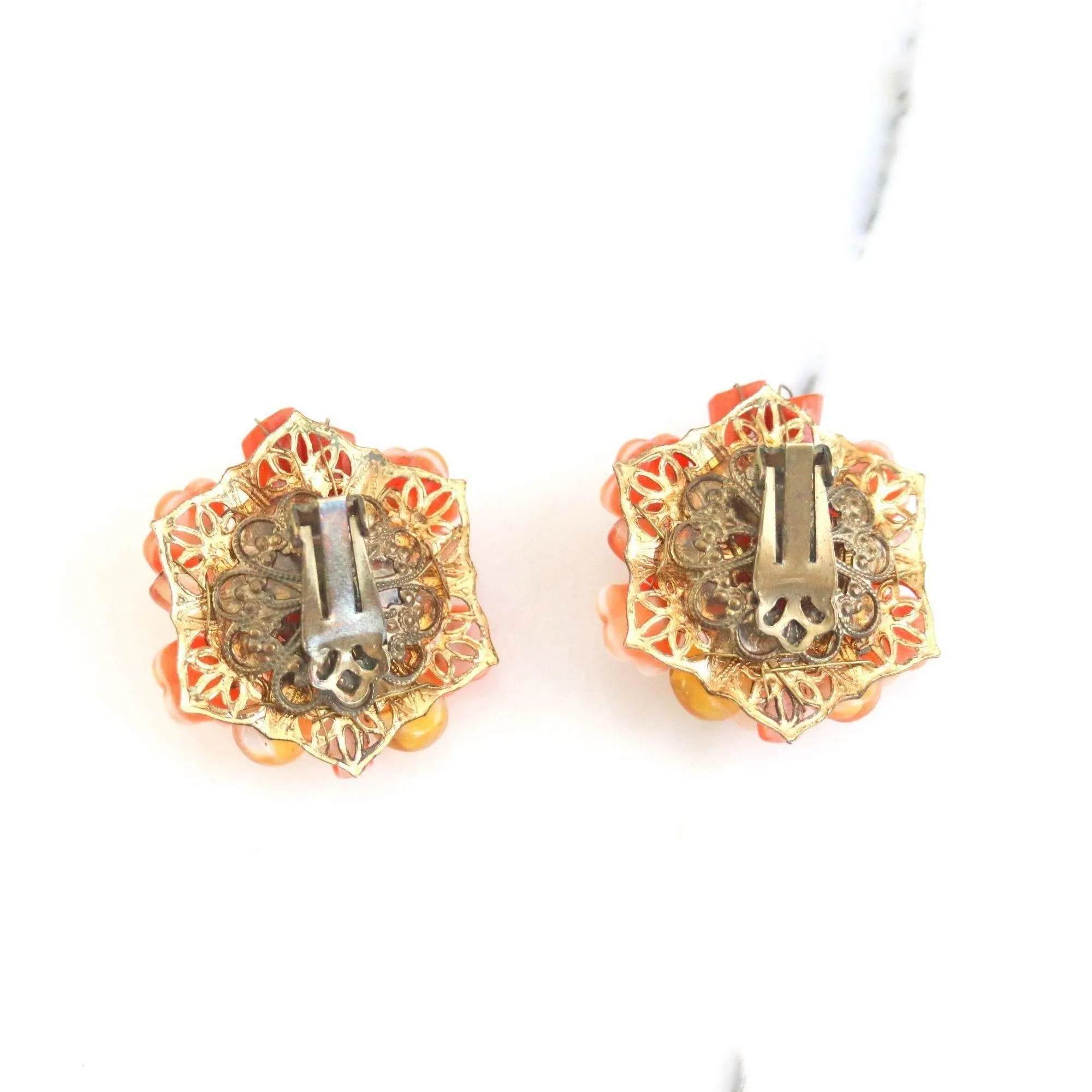 Vintage Orange Flower and Rhinestone Statement Earrings