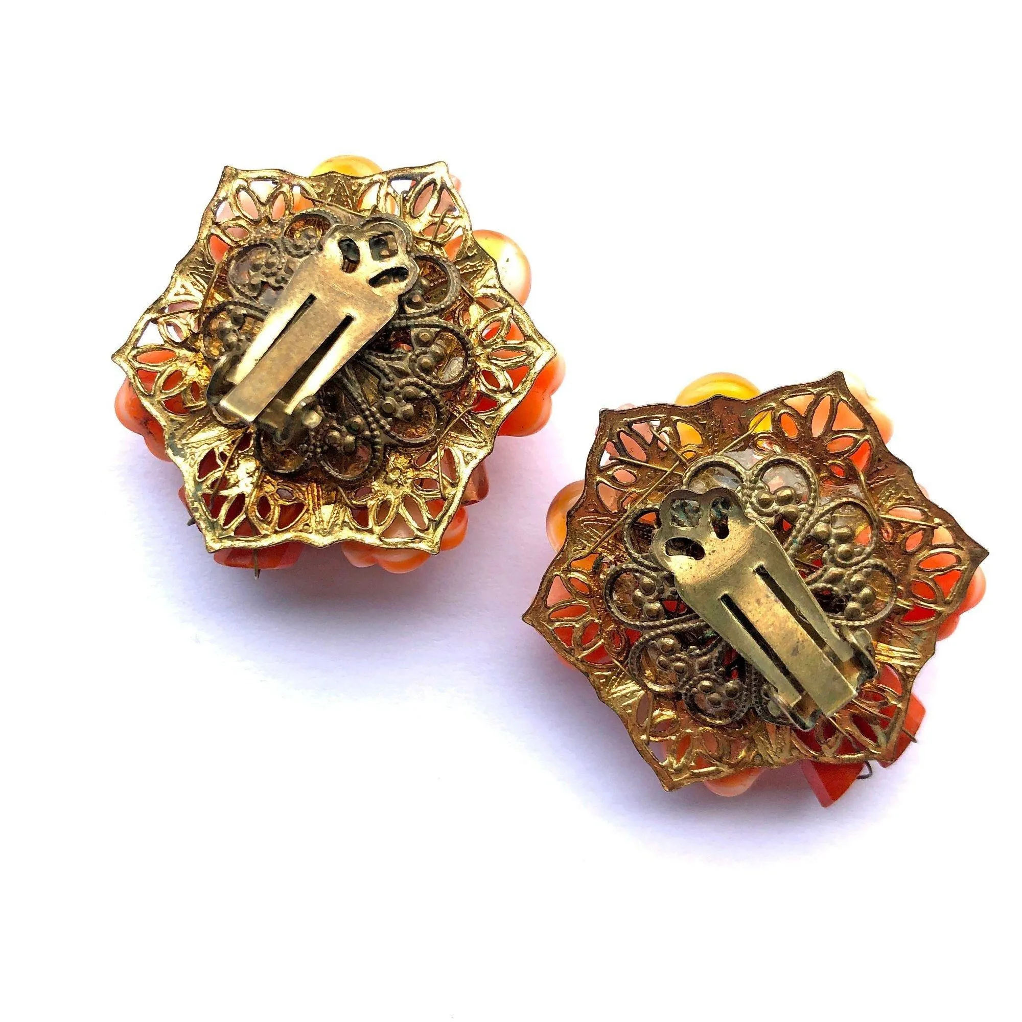 Vintage Orange Flower and Rhinestone Statement Earrings