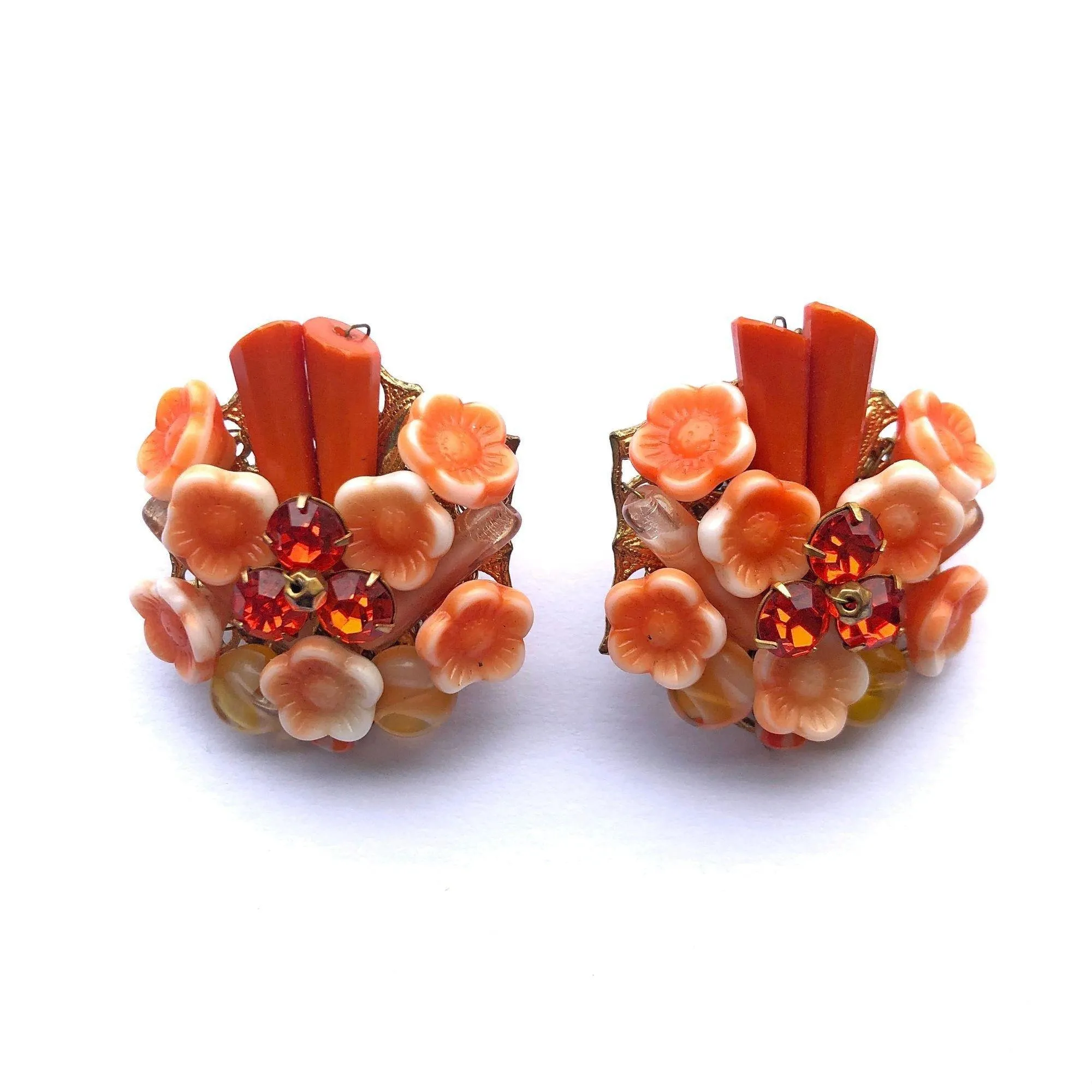 Vintage Orange Flower and Rhinestone Statement Earrings