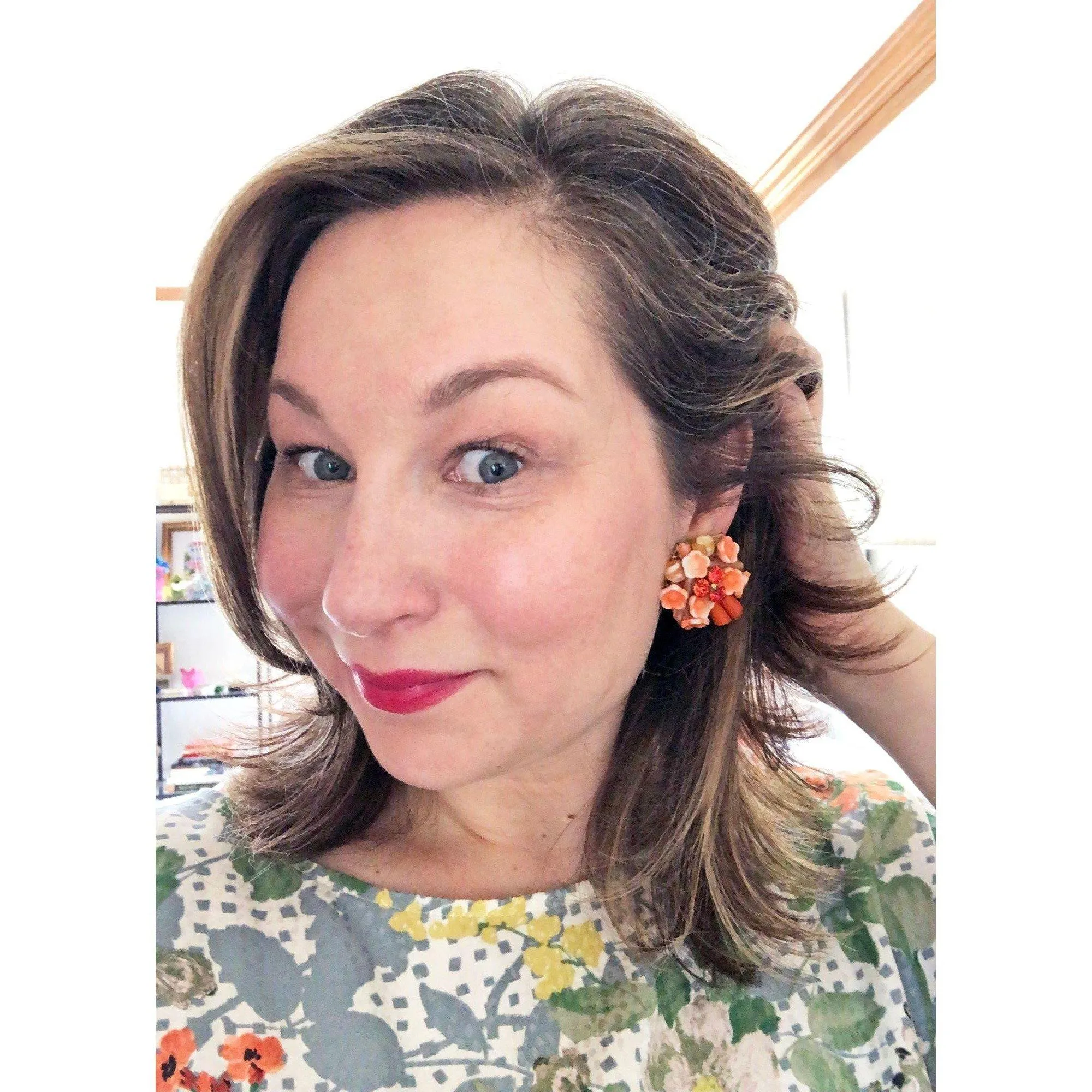 Vintage Orange Flower and Rhinestone Statement Earrings