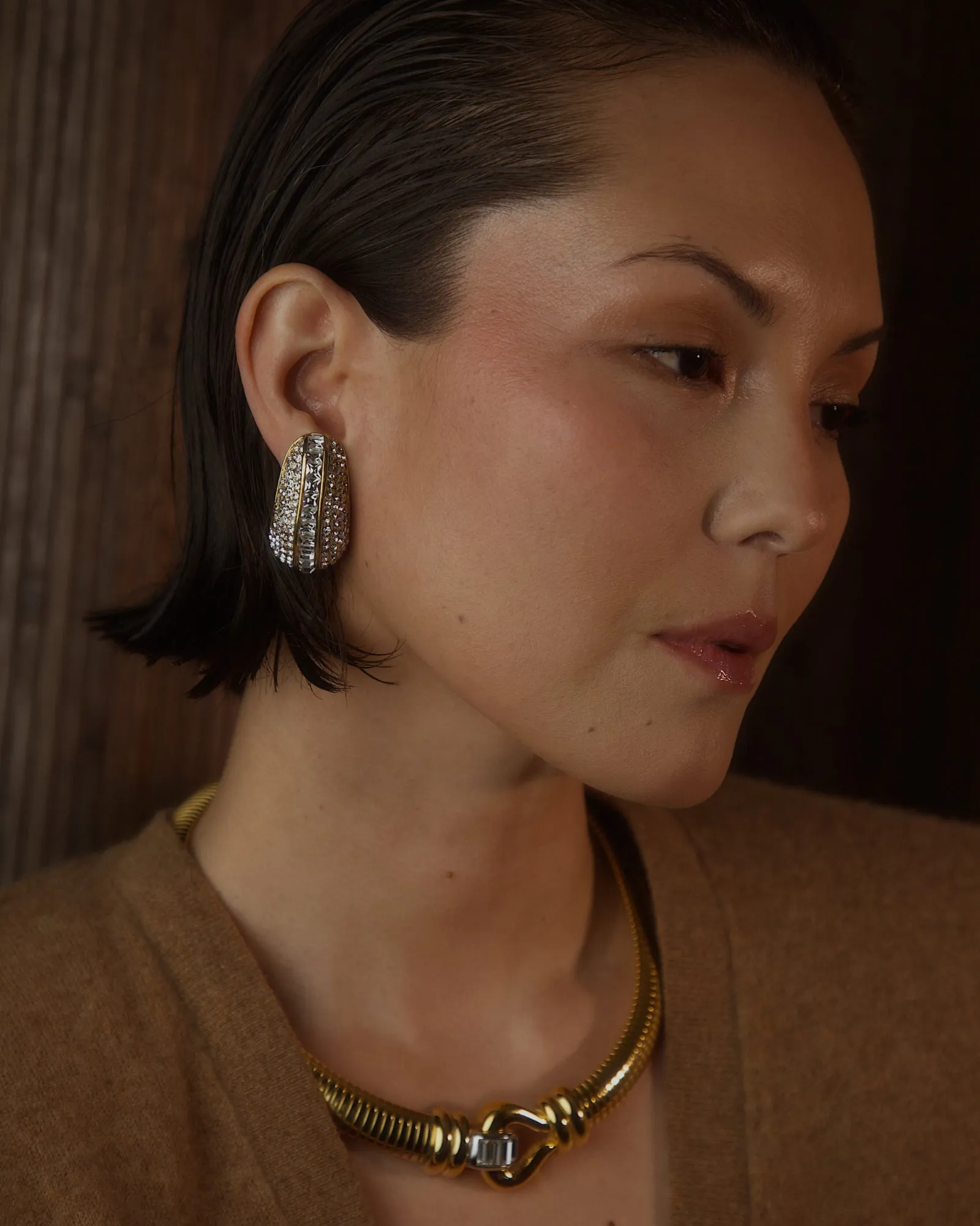 Vintage Oversized Pavé Half Hoop Clip Ons