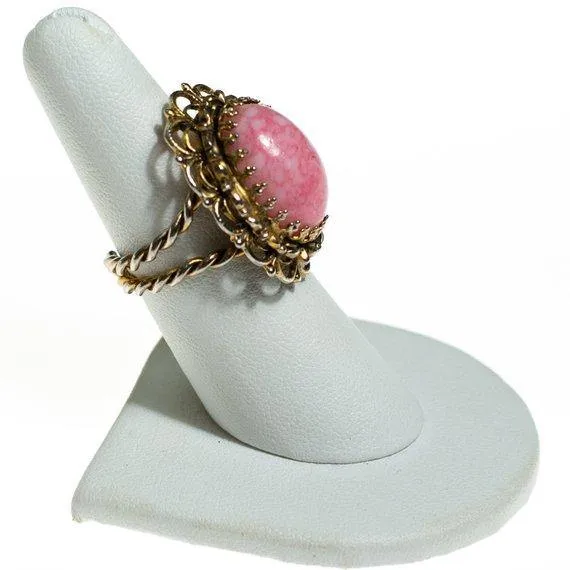 Vintage Pink Art Glass Statement Ring, Adjustable