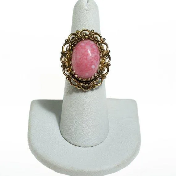 Vintage Pink Art Glass Statement Ring, Adjustable