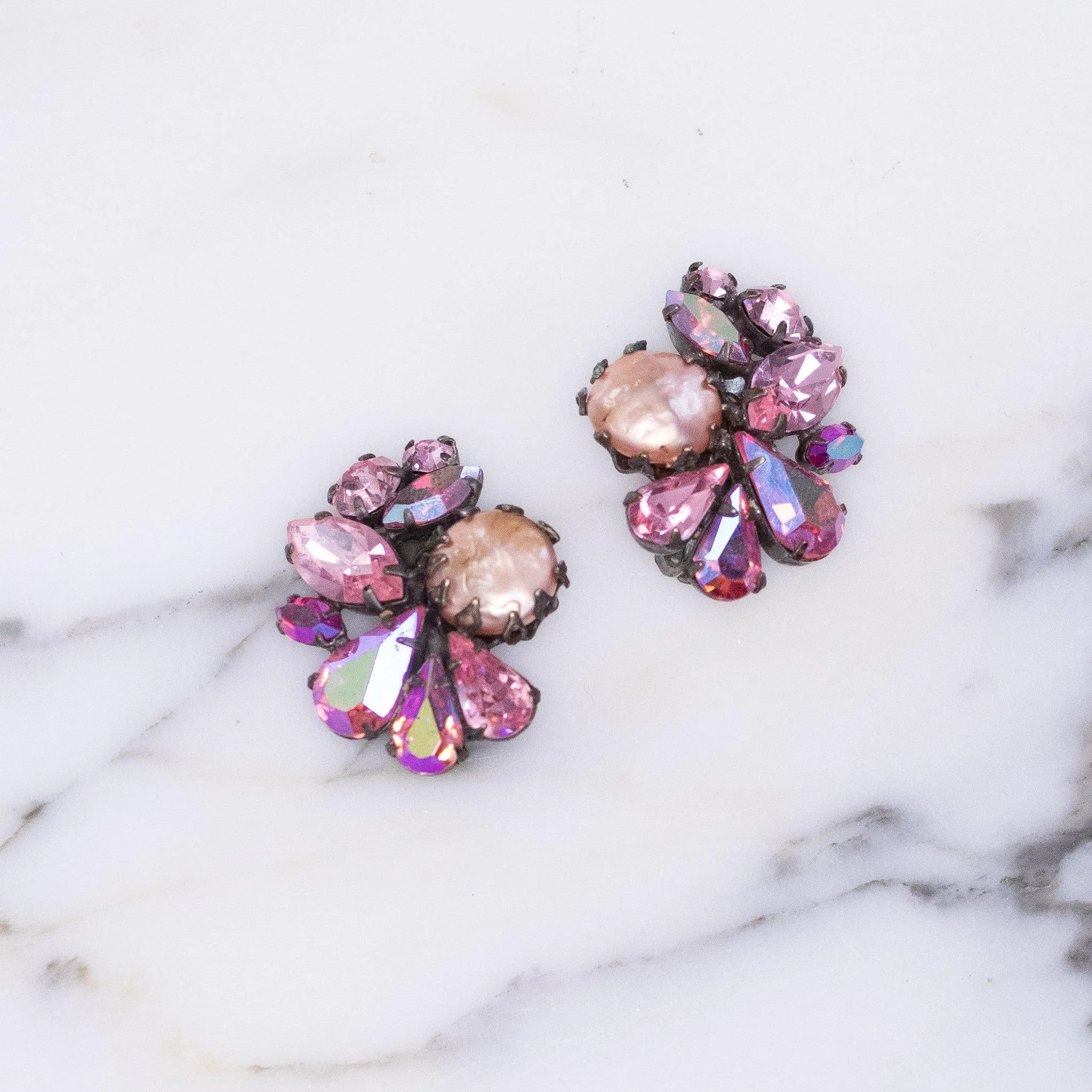 Vintage Pink Pearl and Pink Rhinestone Cluster Statement Earrings