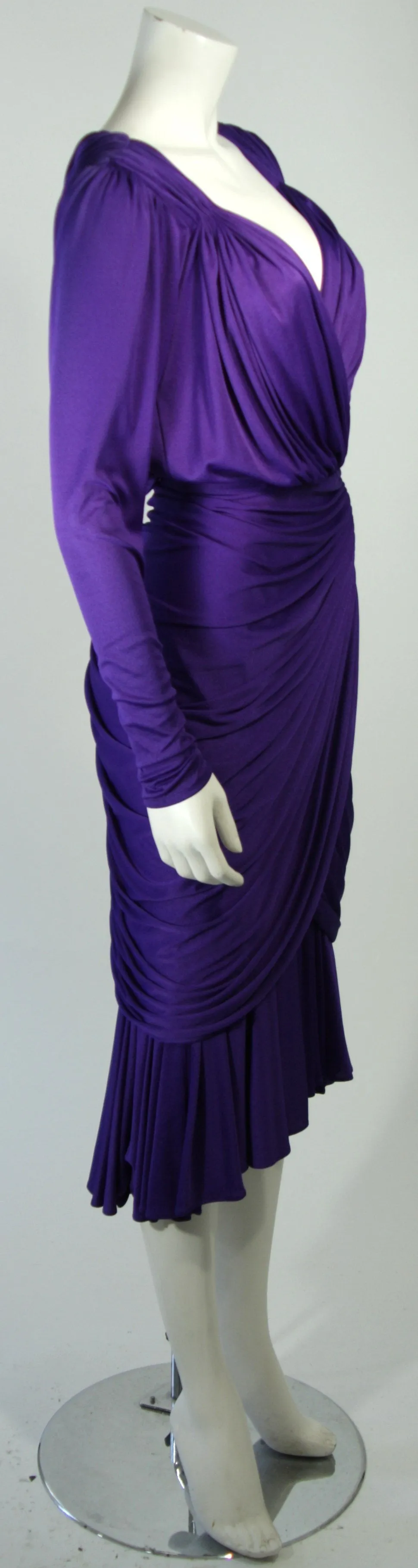 VINTAGE Purple Jersey Ruched Long Sleeve Cocktail Dress Size 2-4