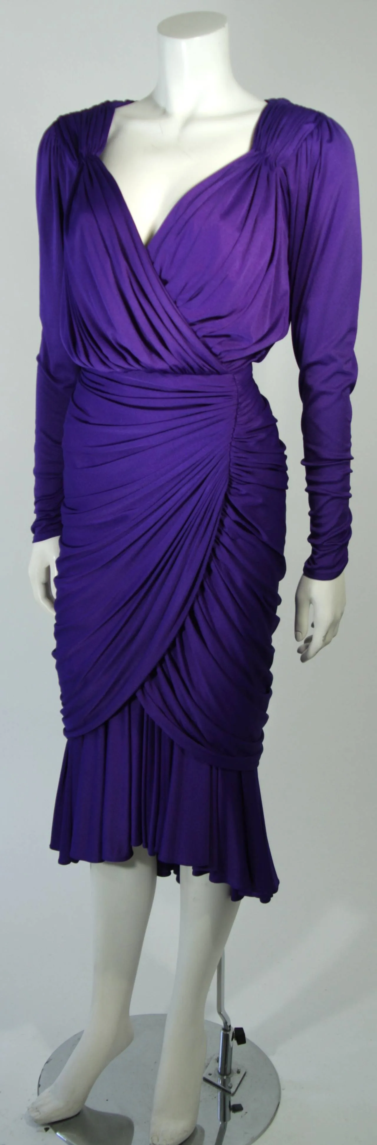 VINTAGE Purple Jersey Ruched Long Sleeve Cocktail Dress Size 2-4
